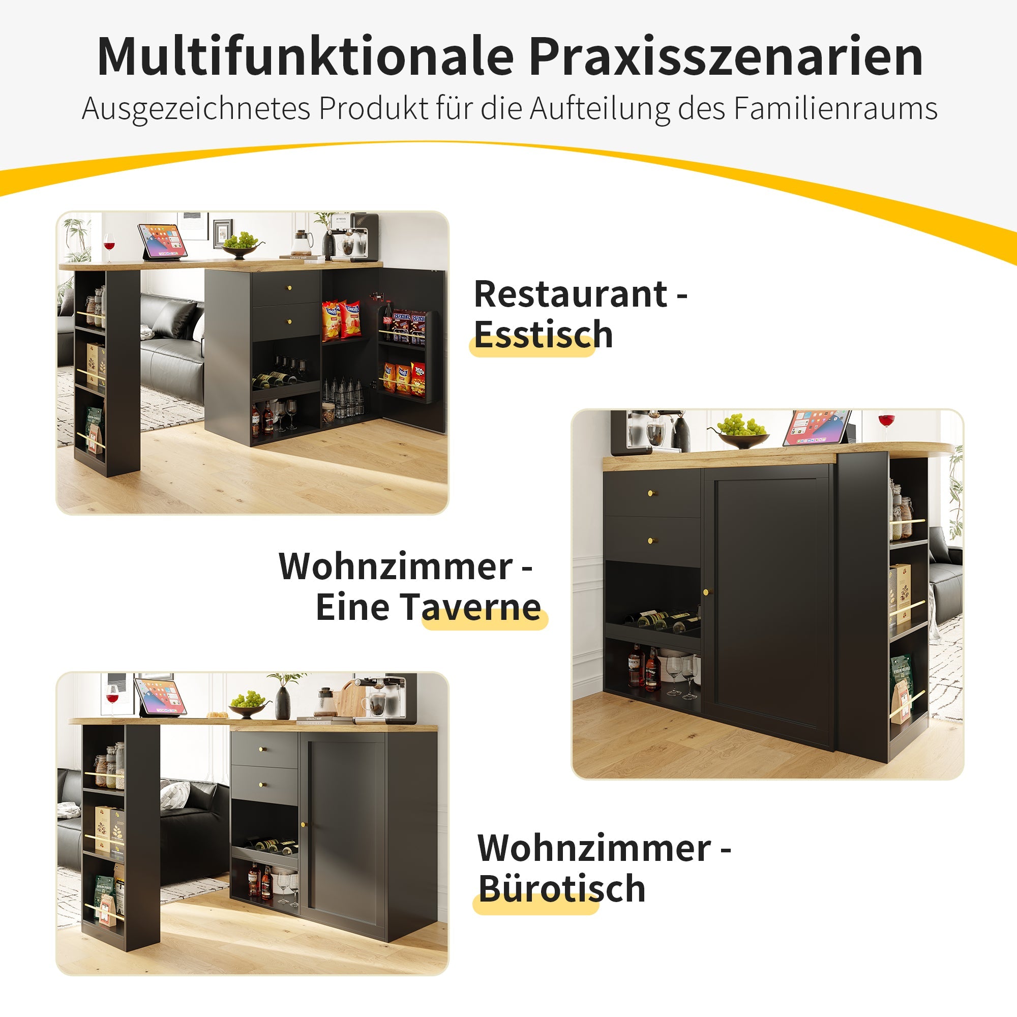 Logidon 360° draaibare bartafel 138 cm zwart met 2 lades