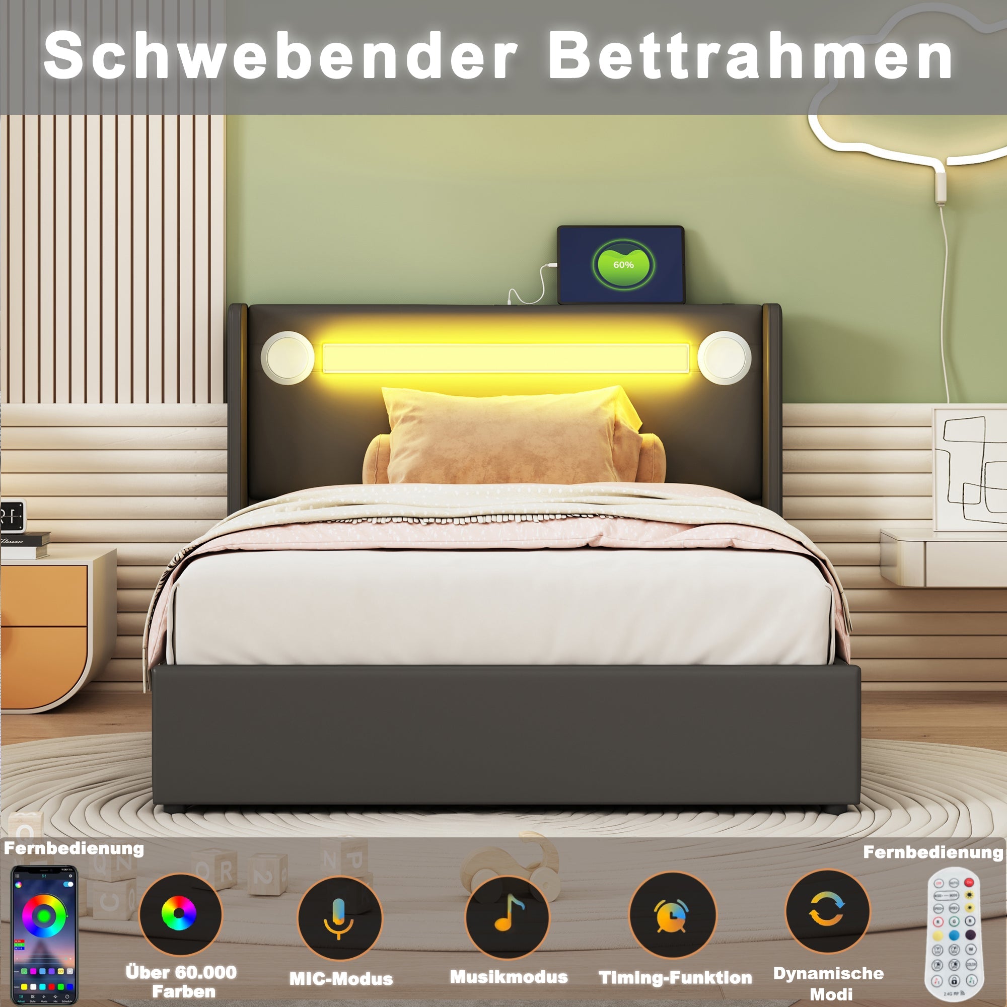Logidon gestoffeerd bed 90x200 met LED lichtstrip Bluetooth USB zwart