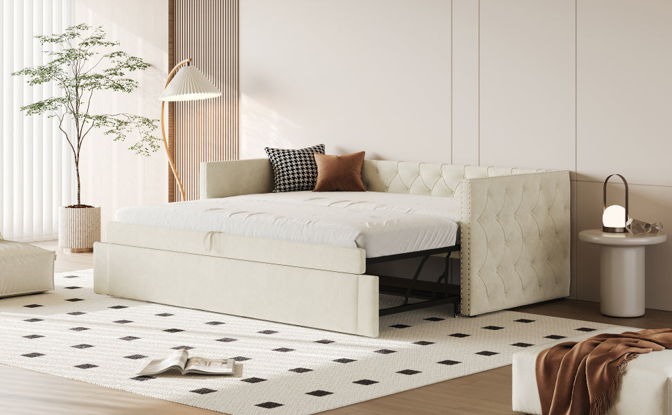 Logidon gestoffeerd bed slaapbank 90x200 beige fluwelen lattenbodem