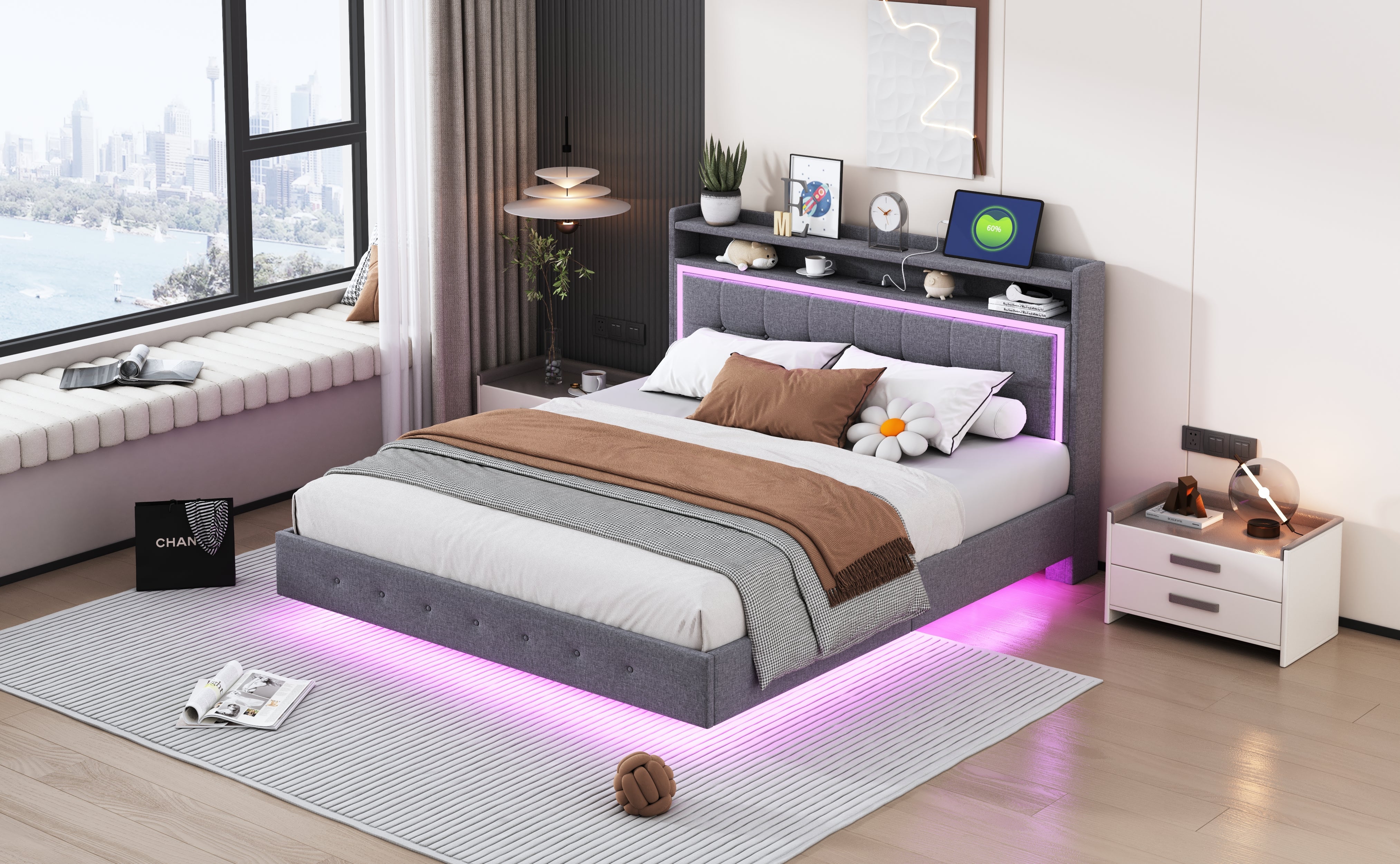 Logidon gestoffeerd bed 160x200 met USB-oplaadfunctie en LED lichtgrijs