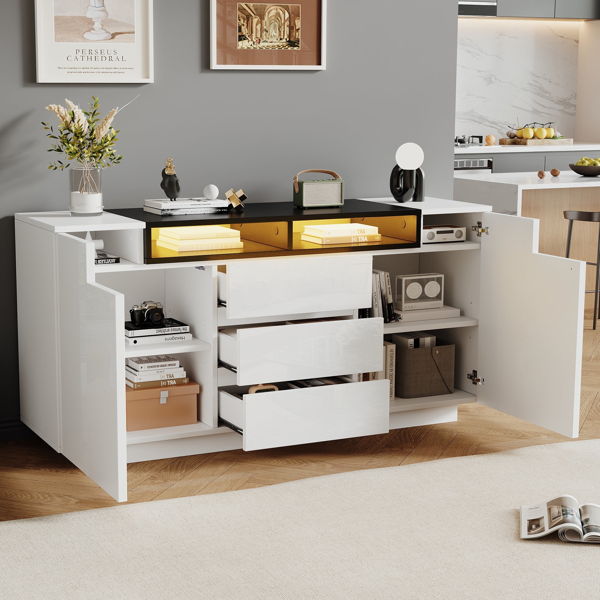 Logidon wit hoogglans dressoir 140 cm met LED, 2 deuren, 3 lades