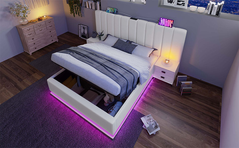 Logidon gestoffeerd bed 180x200 wit met app LED USB C oplaadfunctie