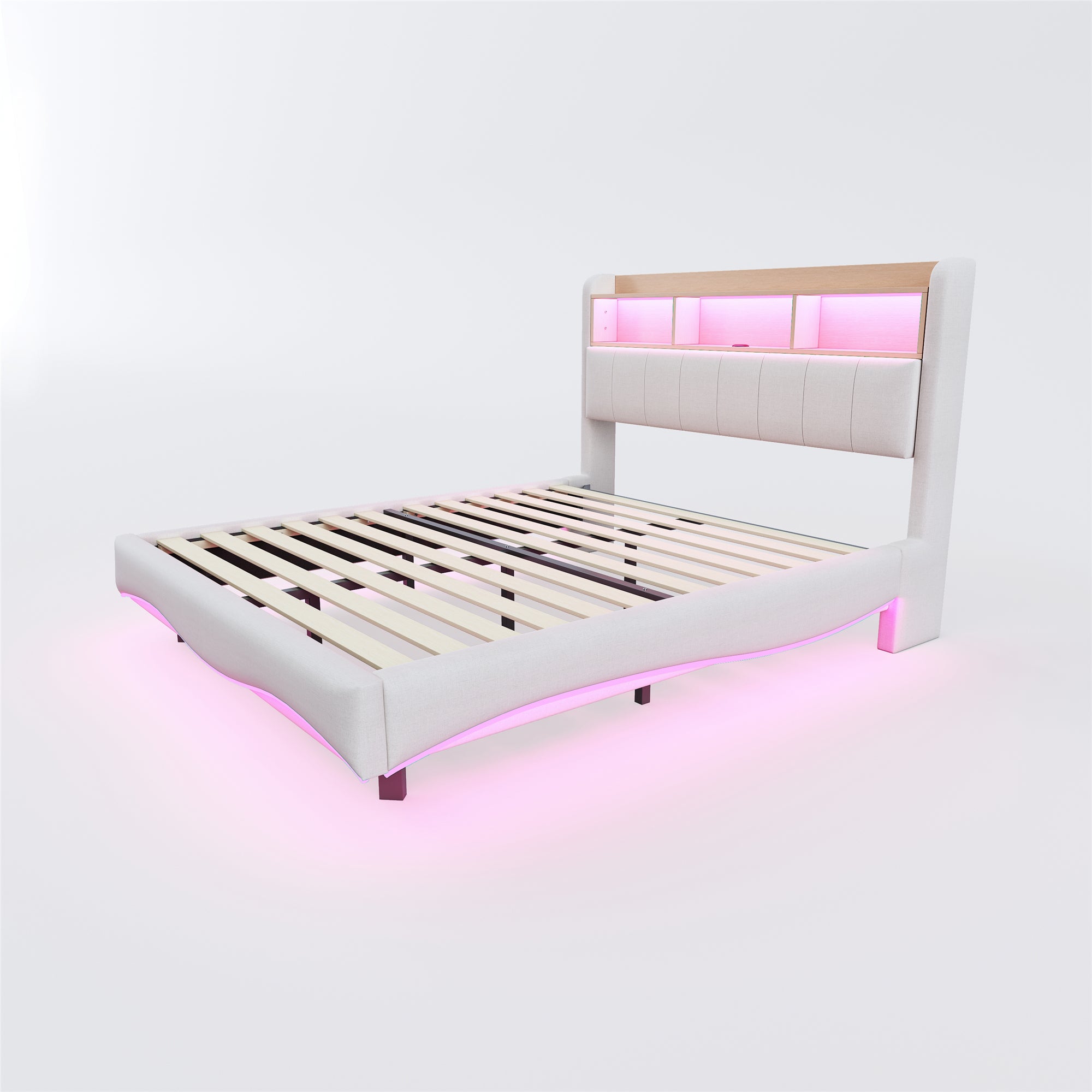 Logidon hangend gestoffeerd bed 160x200 beige met LED-licht USB C