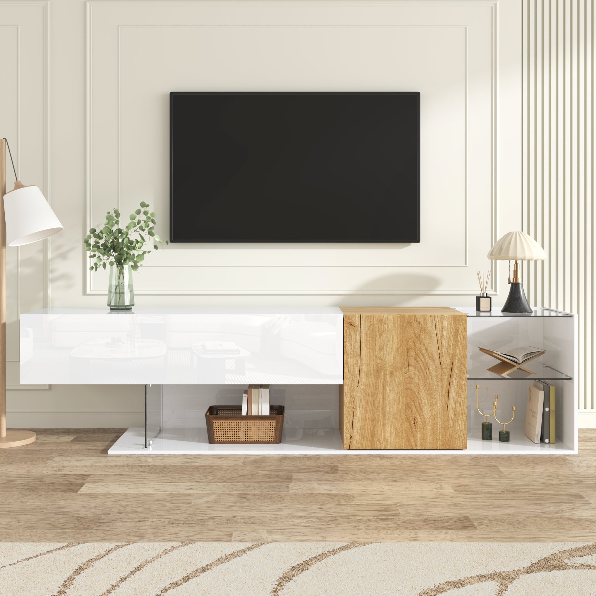 Logidon Modern TV-dressoir Wit Hoogglans Houtlook Glazen Planken 180cm