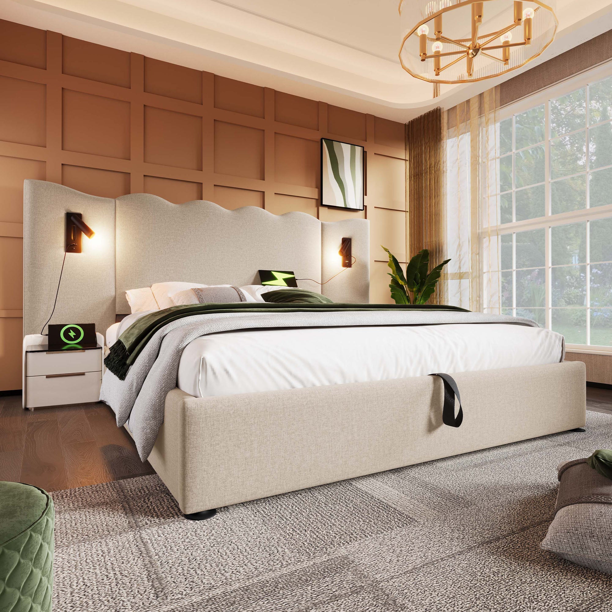 Logidon upholstered bed double bed 180x200 reading lamp USB C beige linen