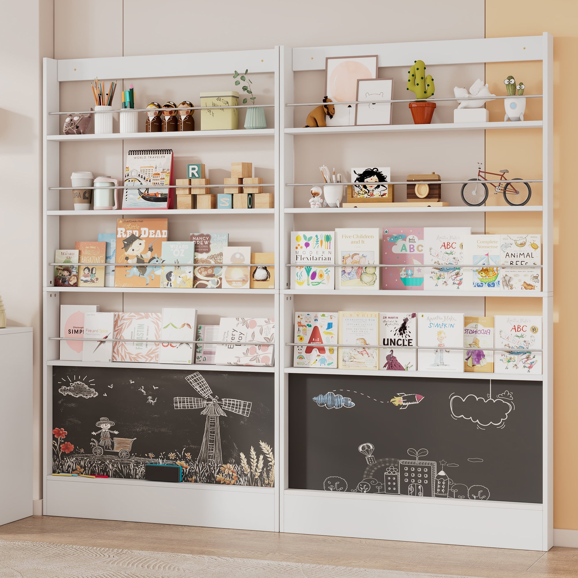 Logidon prentenboekenplank wit anti-tip zwart bord 100 x 10 x 180 cm