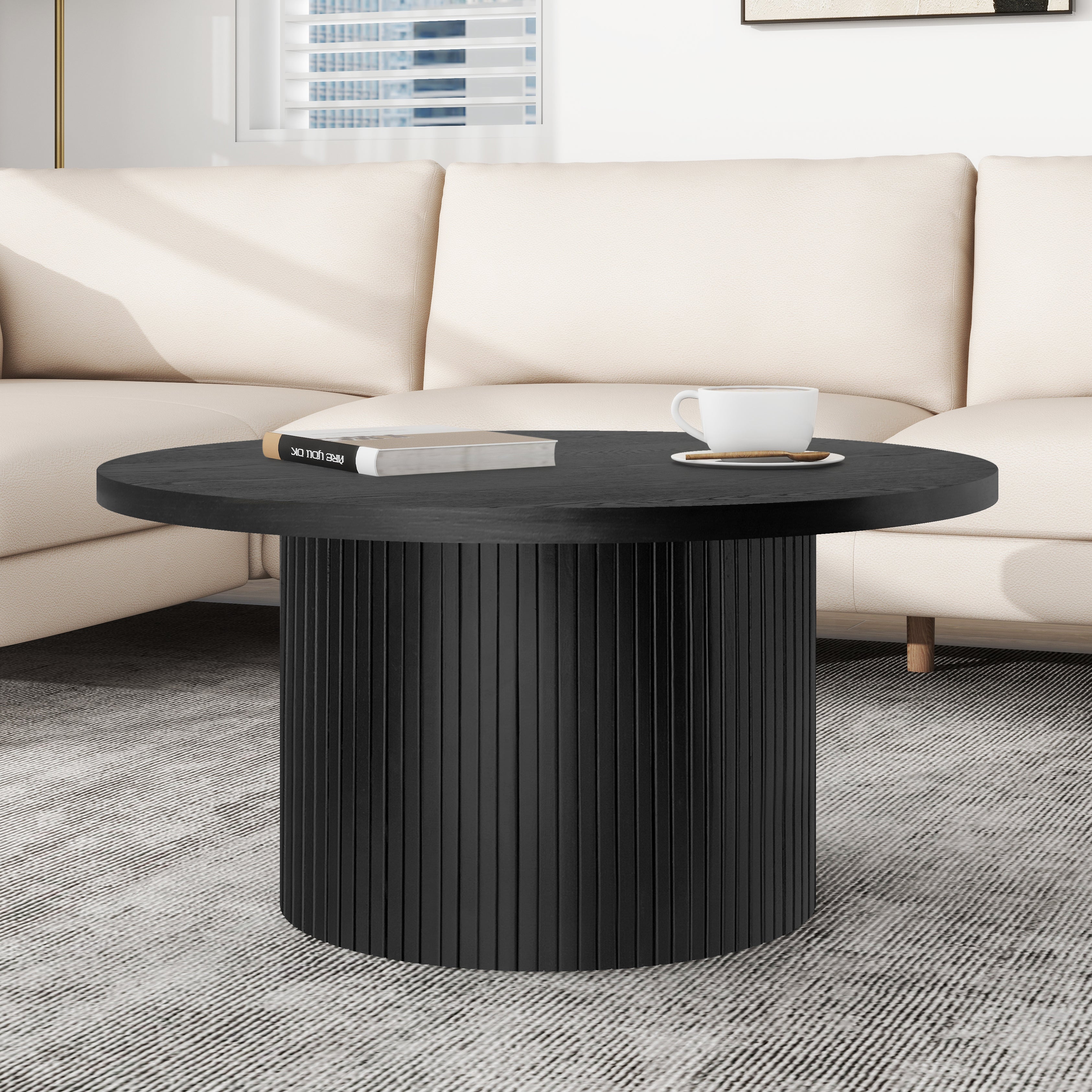 Logidon Ronde massief houten salontafel Zwart 90x90 cm Eiken MDF