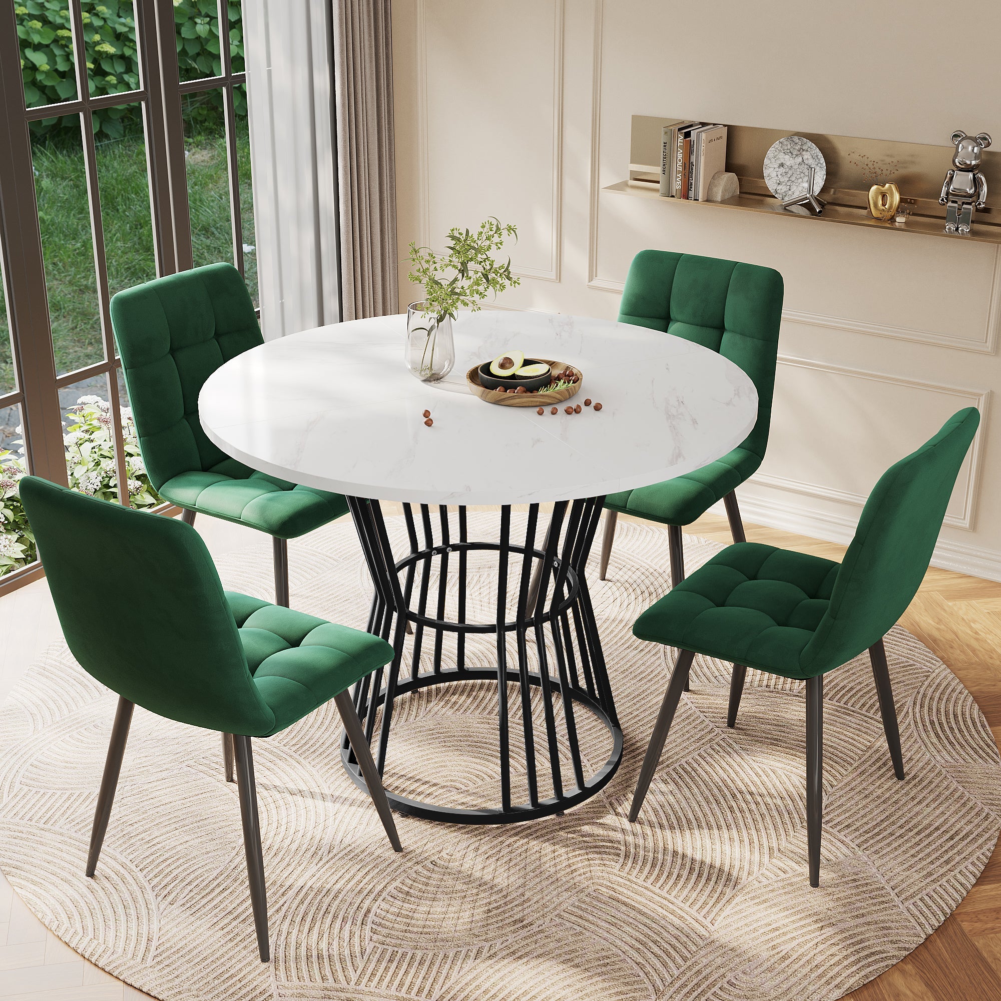 Logidon Eettafelset Rond 100 cm Wit MDF Tafelblad Groen Fluwelen Stoelen