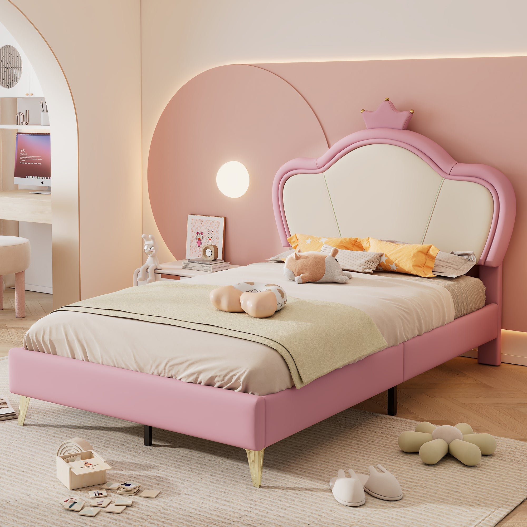 Logidon gestoffeerd bed kinderbed 90x200cm roze wit met kroonhoofdbord