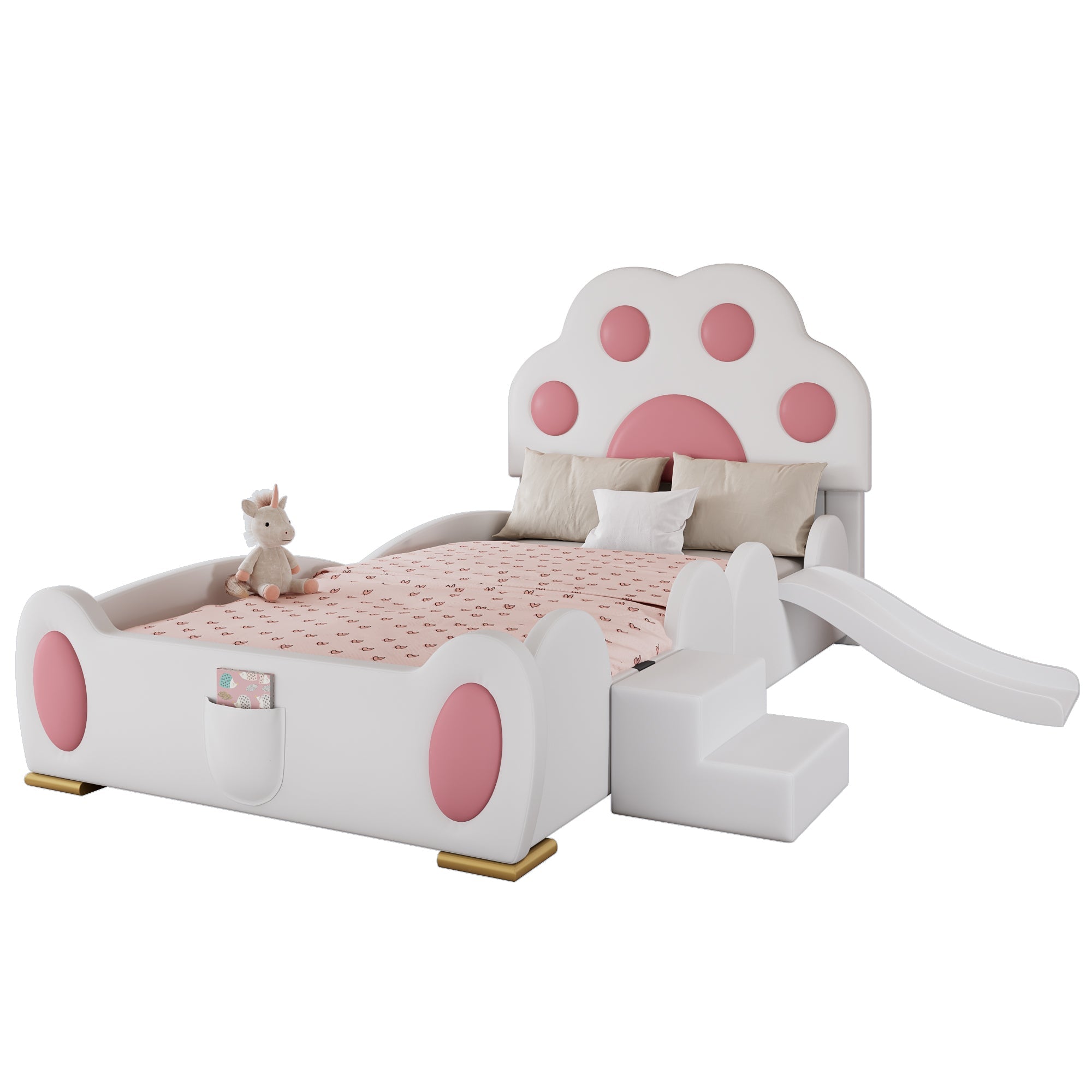 Logidon gestoffeerd bed 90x200 cm wit roze met kattenpoot hoofdeinde