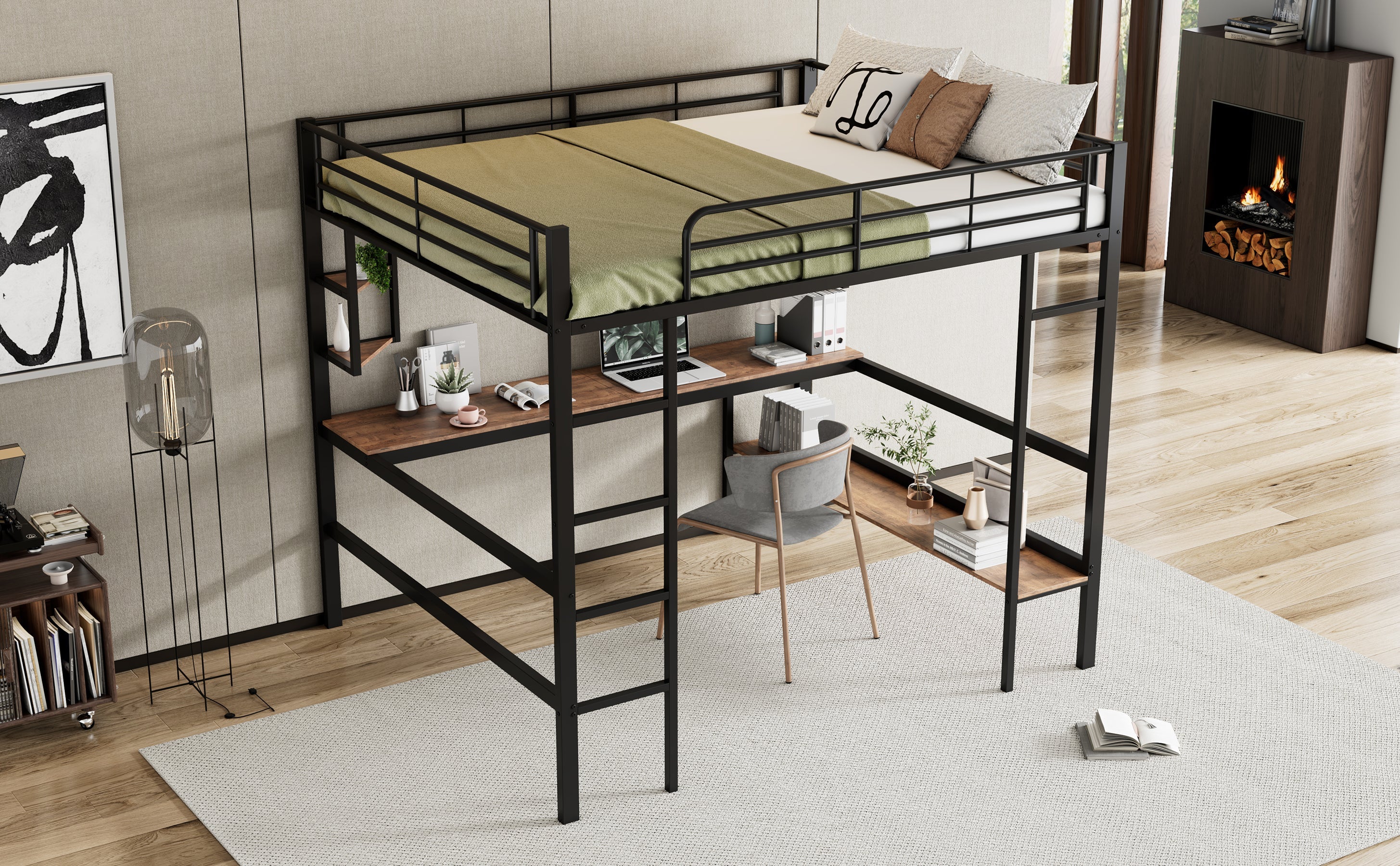 Logidon loft bed 140x200 black with desk and shelves