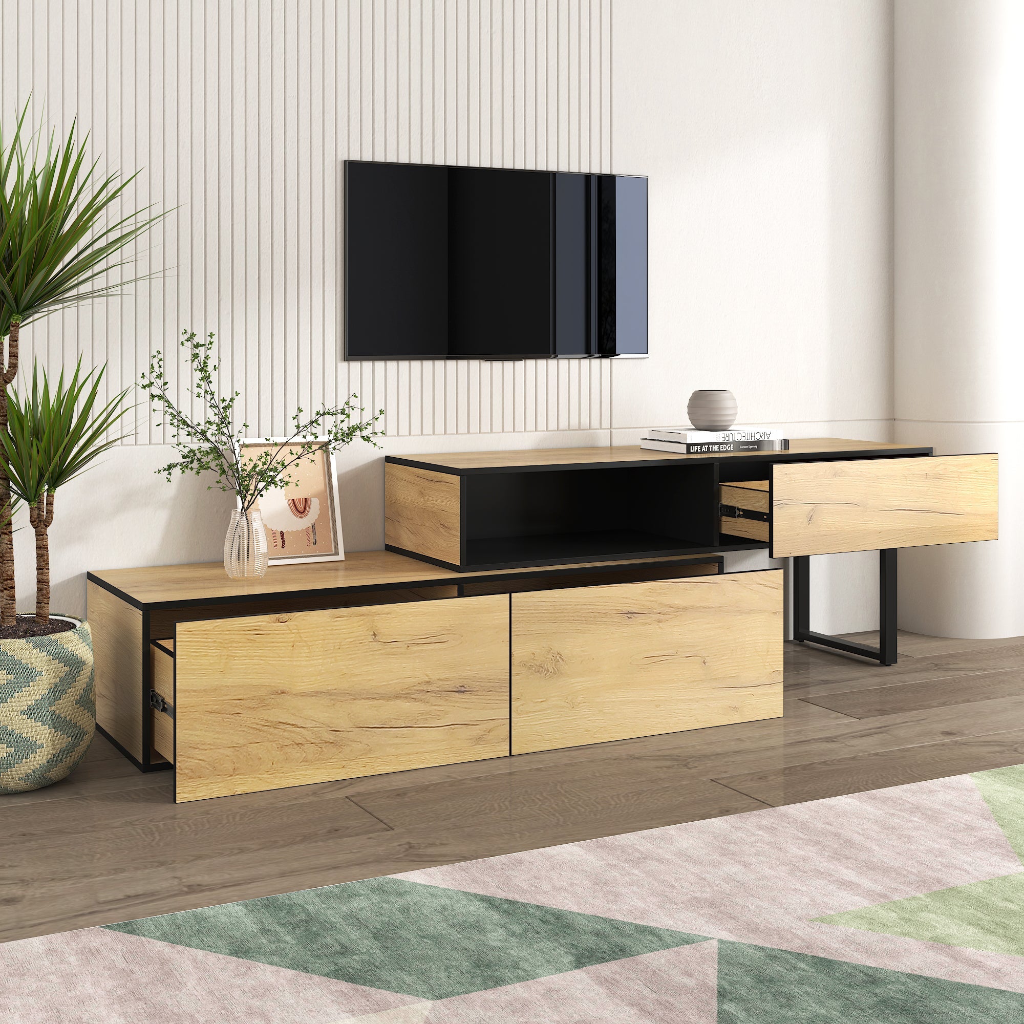 Logidon Adjustable TV Cabinet Combination 135-200cm Three Drawers Large Compartment
