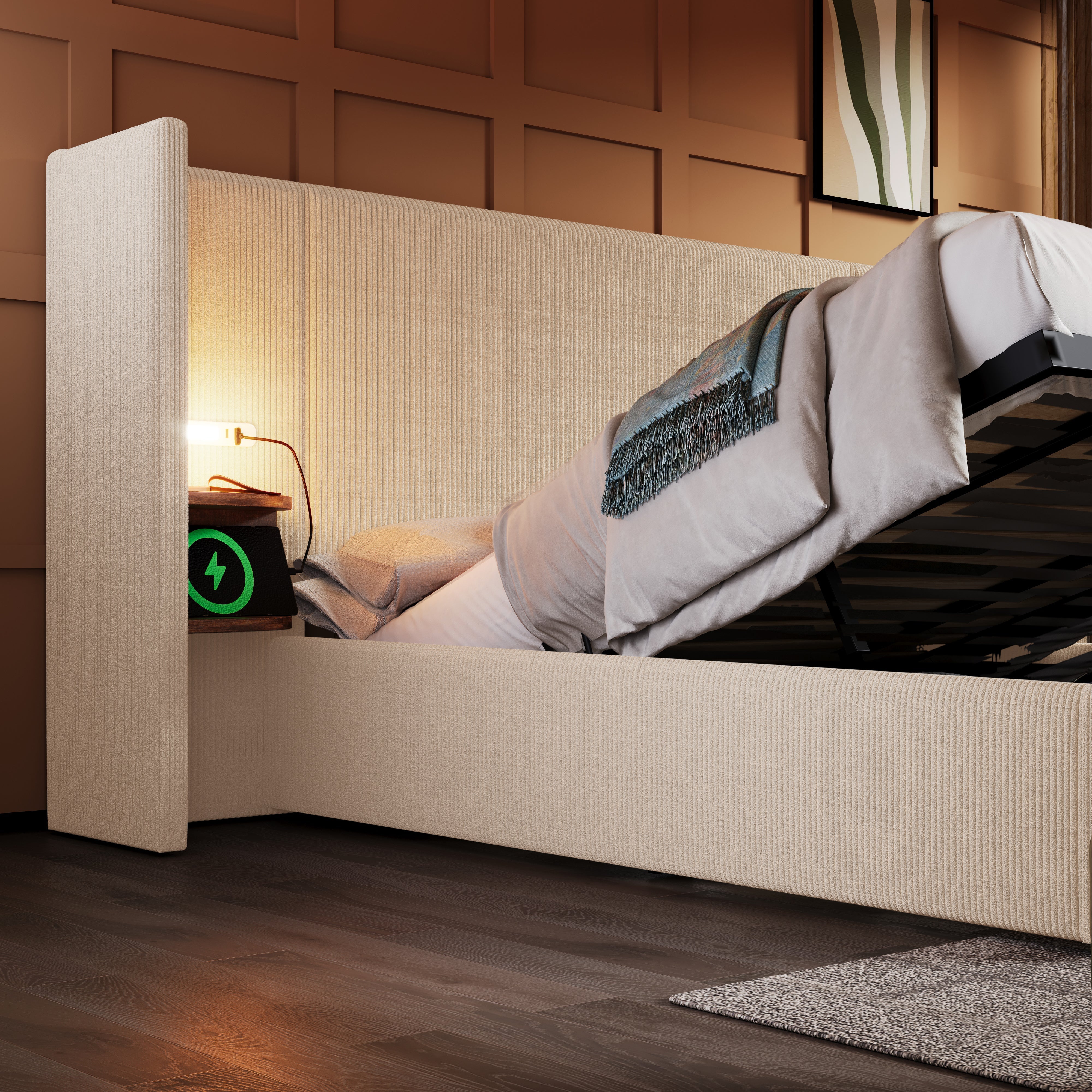 Logidon upholstered bed 160x200 beige white with USB-C charging function