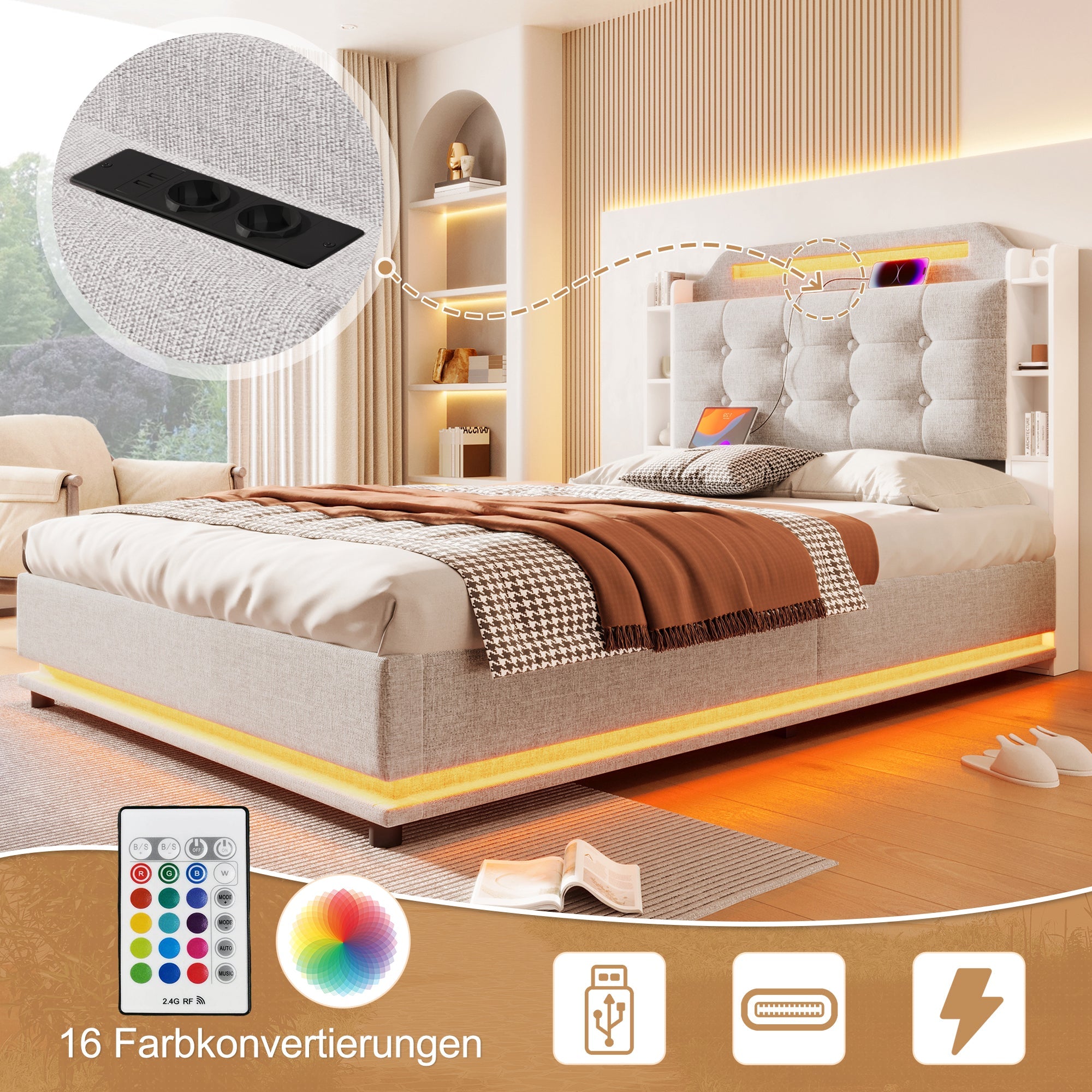 Logidon gestoffeerd bed 140x200 beige met LED lichtstrip en opbergruimte