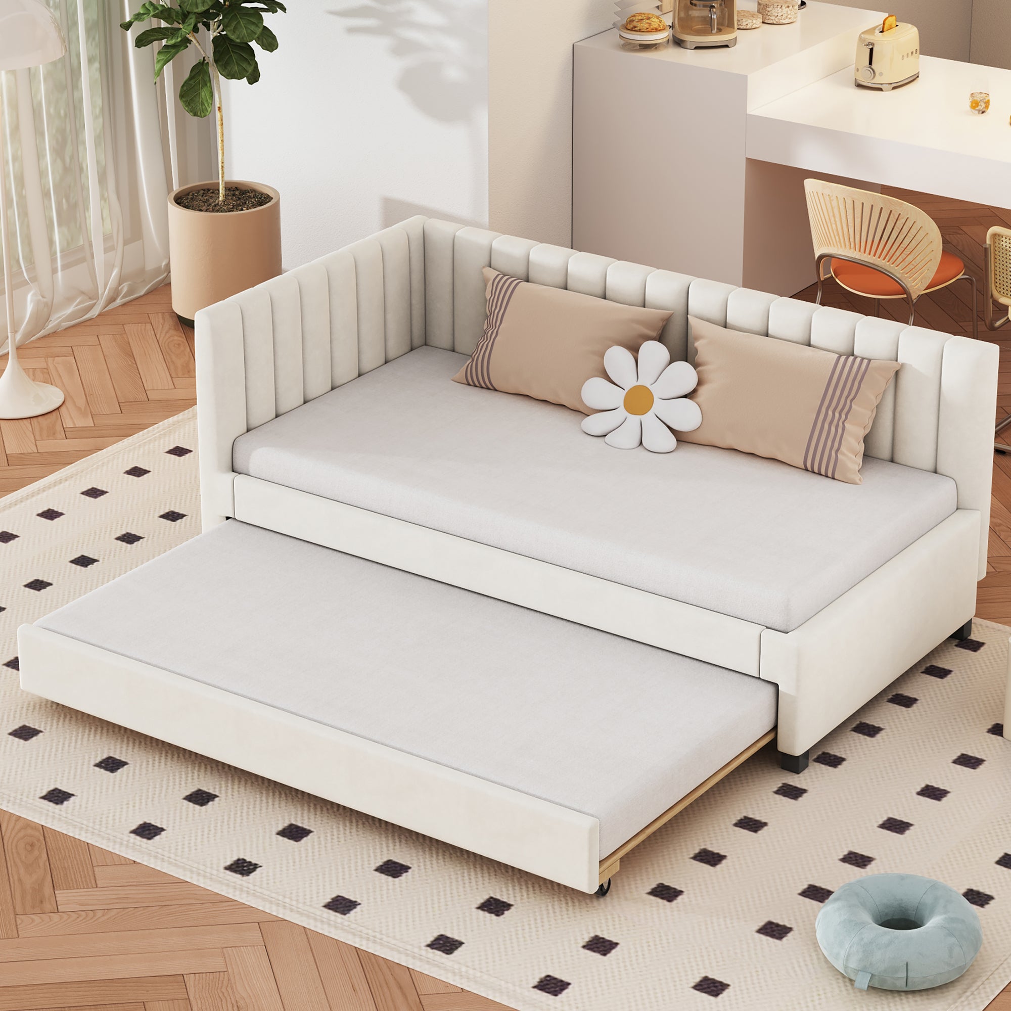 Logidon gestoffeerd bed 90x200 beige fluwelen stof uitschuifbare slaapbank