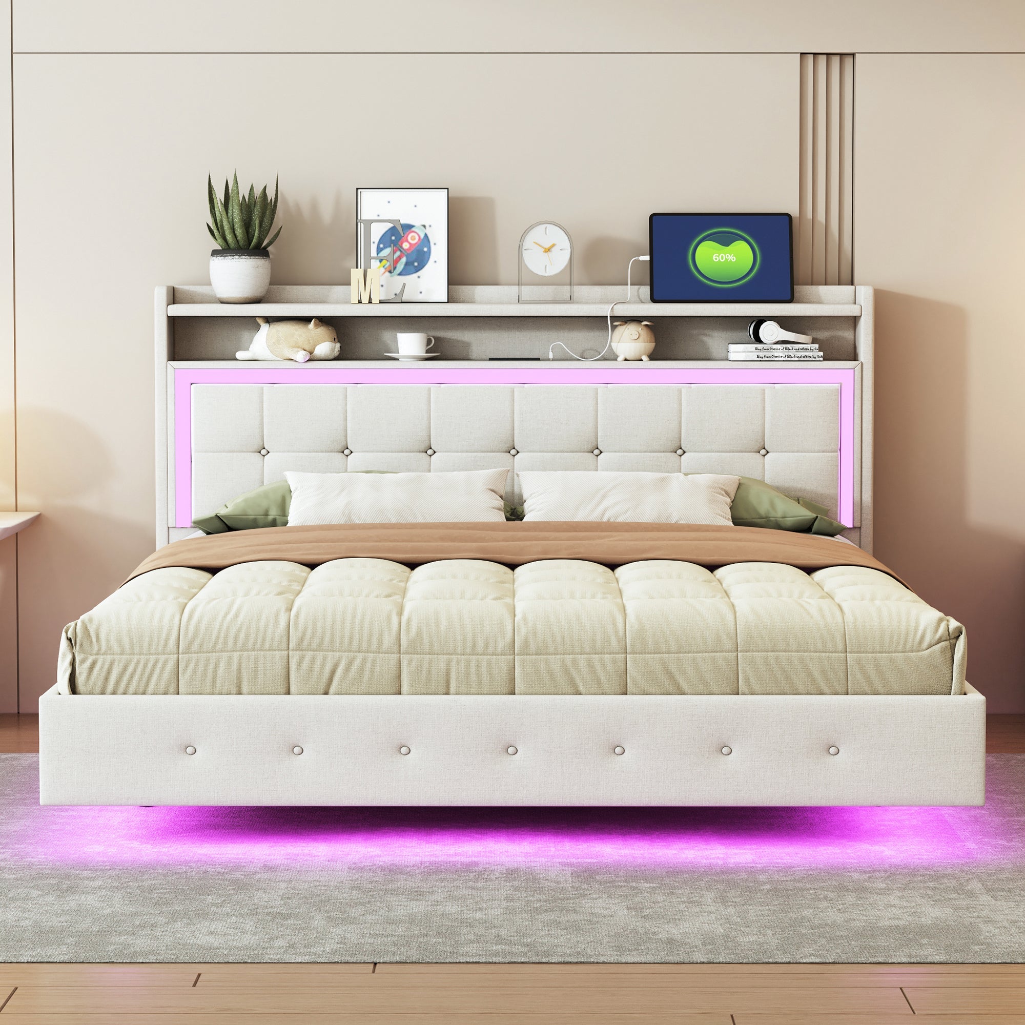 Logidon gestoffeerd bed 160x200 beige met USB-aansluiting en LED-verlichting