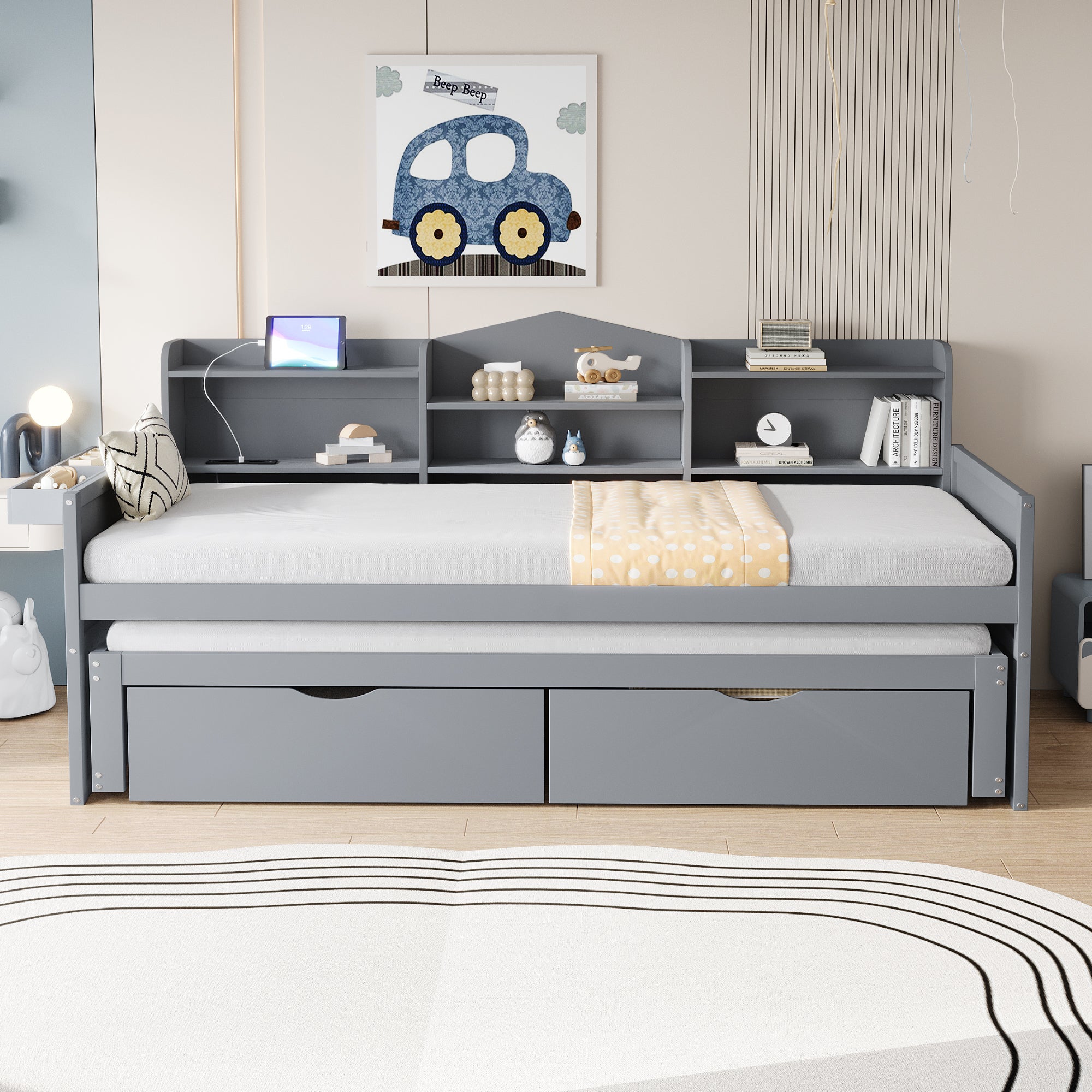Logidon slaapbank 90x200 grijs met uitschuifbaar bed 90x190 USB