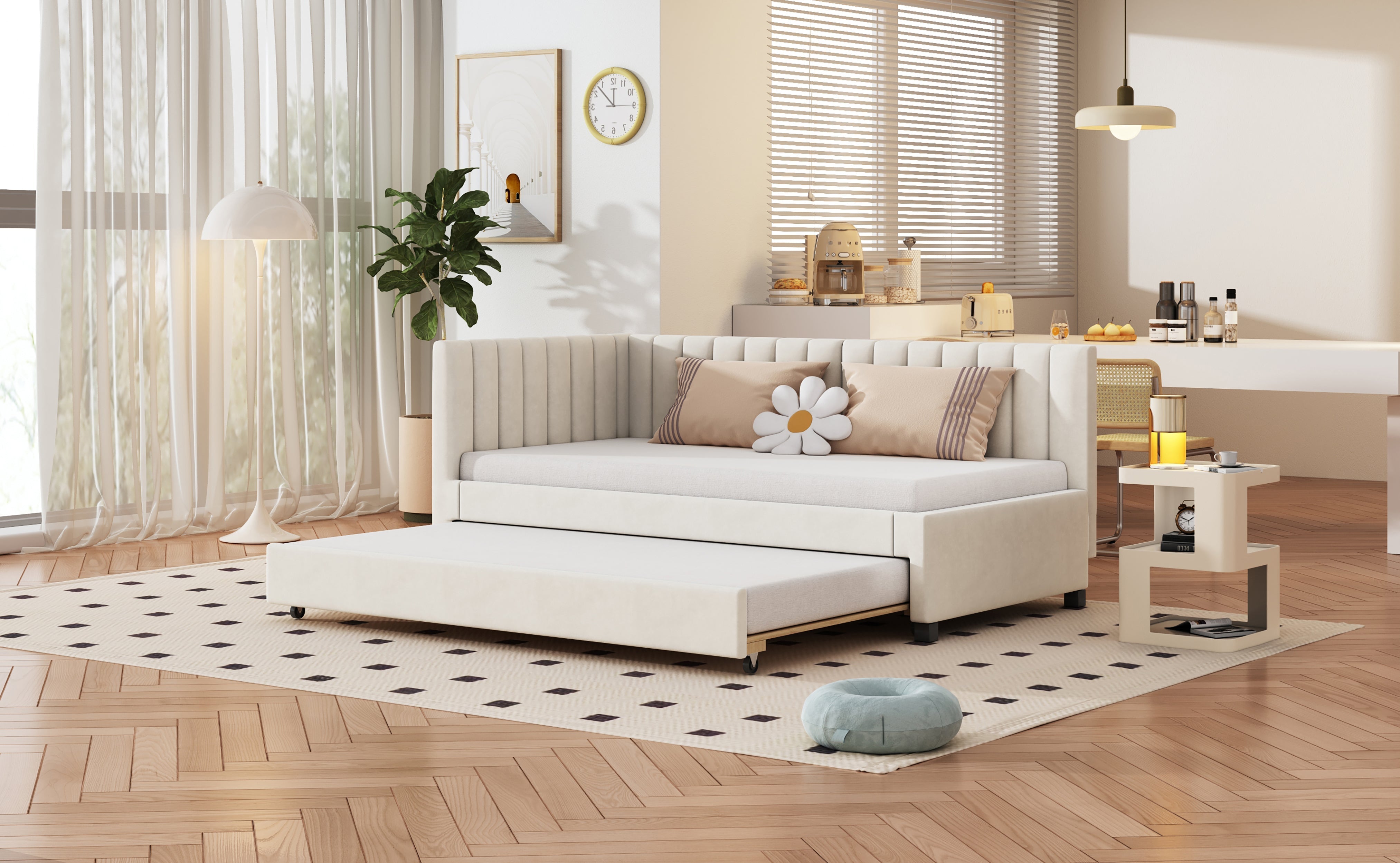 Logidon gestoffeerd bed 90x200 beige fluwelen stof uitschuifbare slaapbank