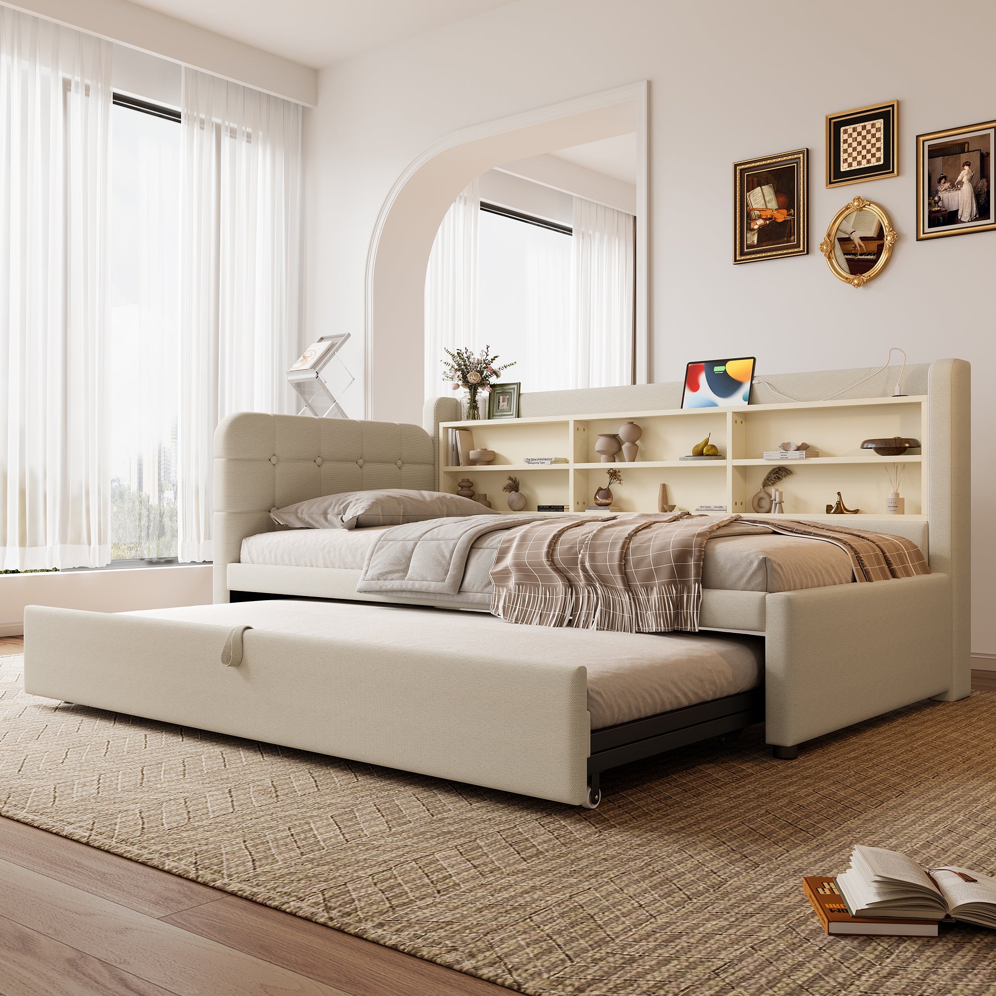 Logidon Daybed 90x200 beige linnen uitschuifbare slaapbank USB Type C