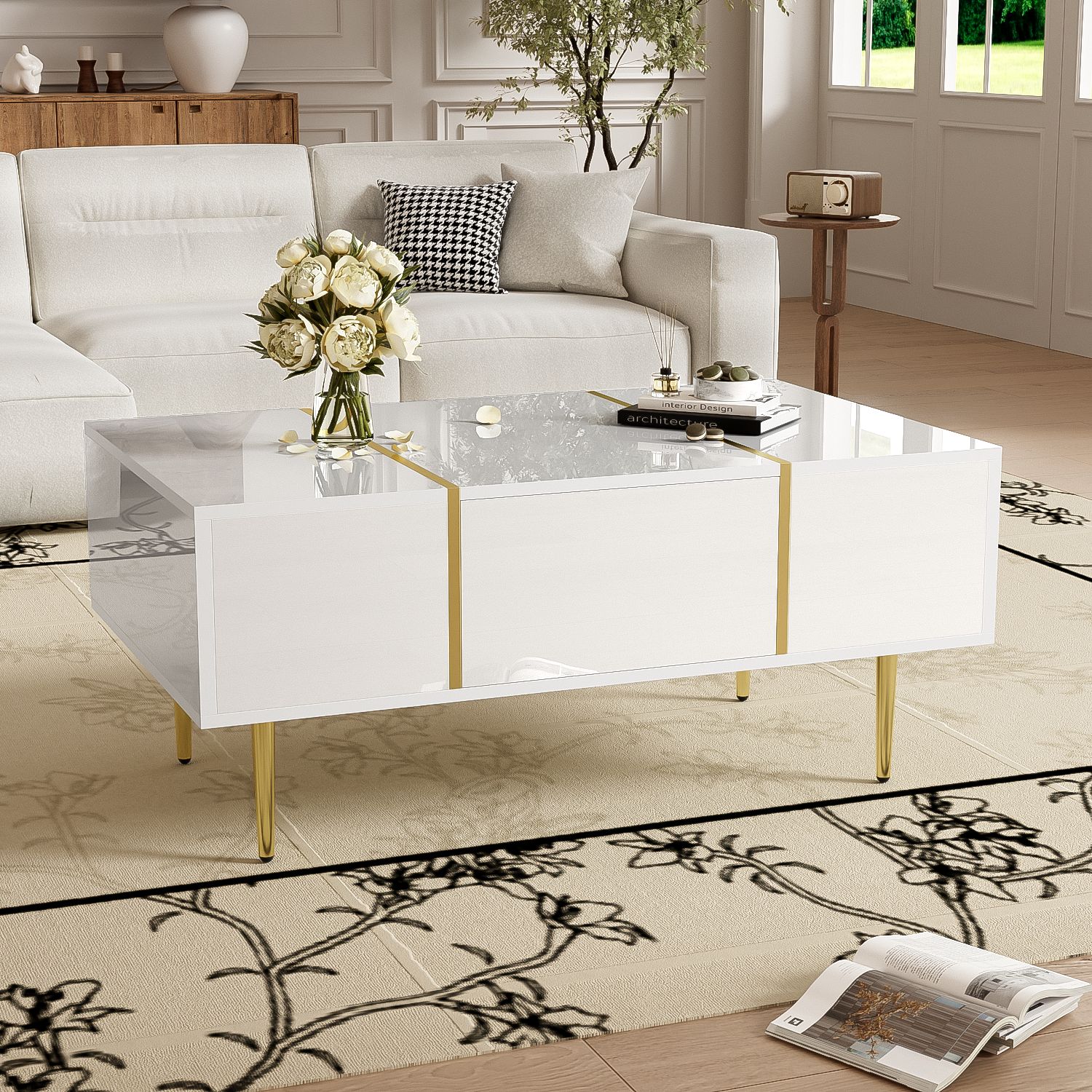 Logidon Witte Hoogglans Salontafel Met Twee Laden 100x60x41,5 cm