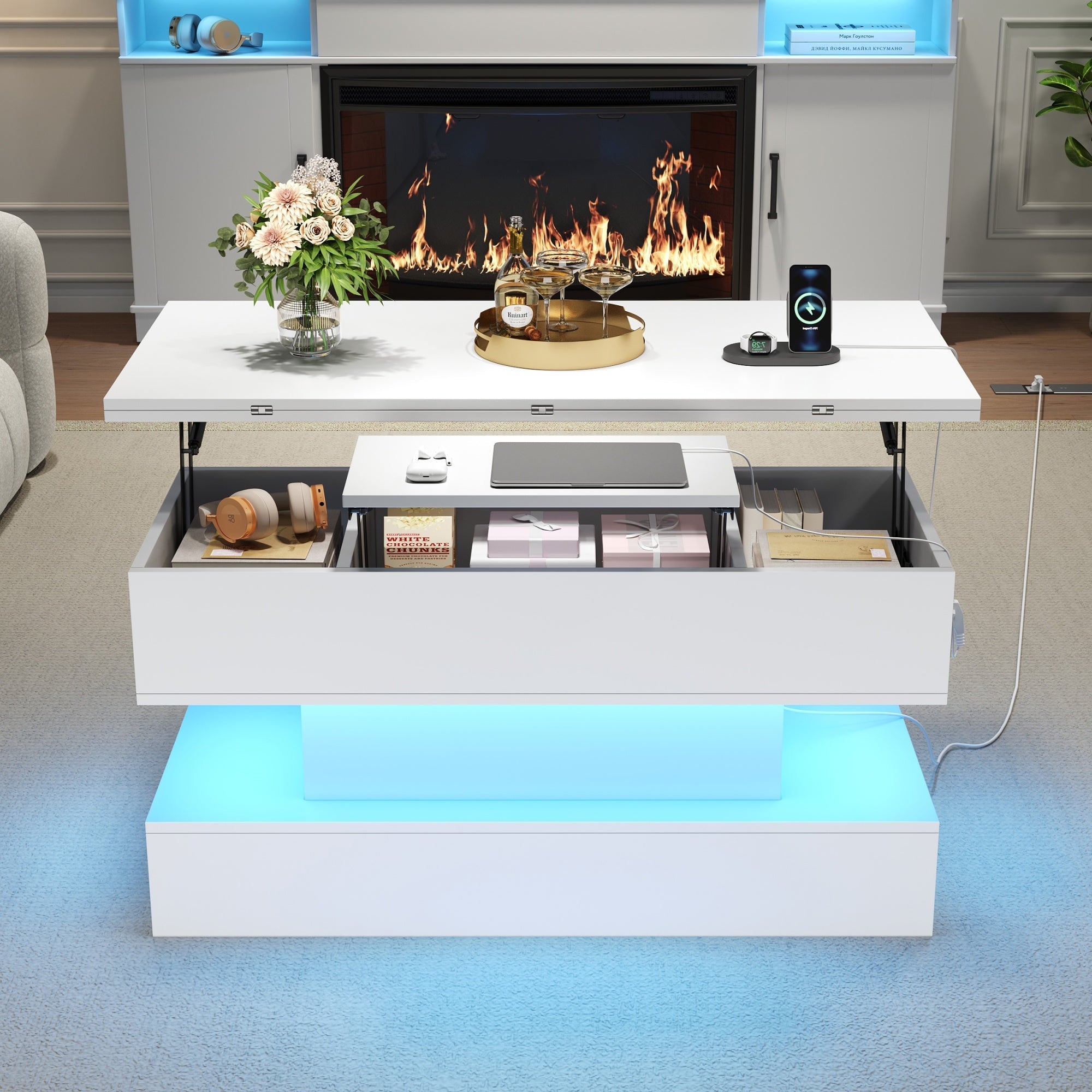 Logidon salontafel met USB-C oplaadaansluiting en LED-licht, in hoogte verstelbaar