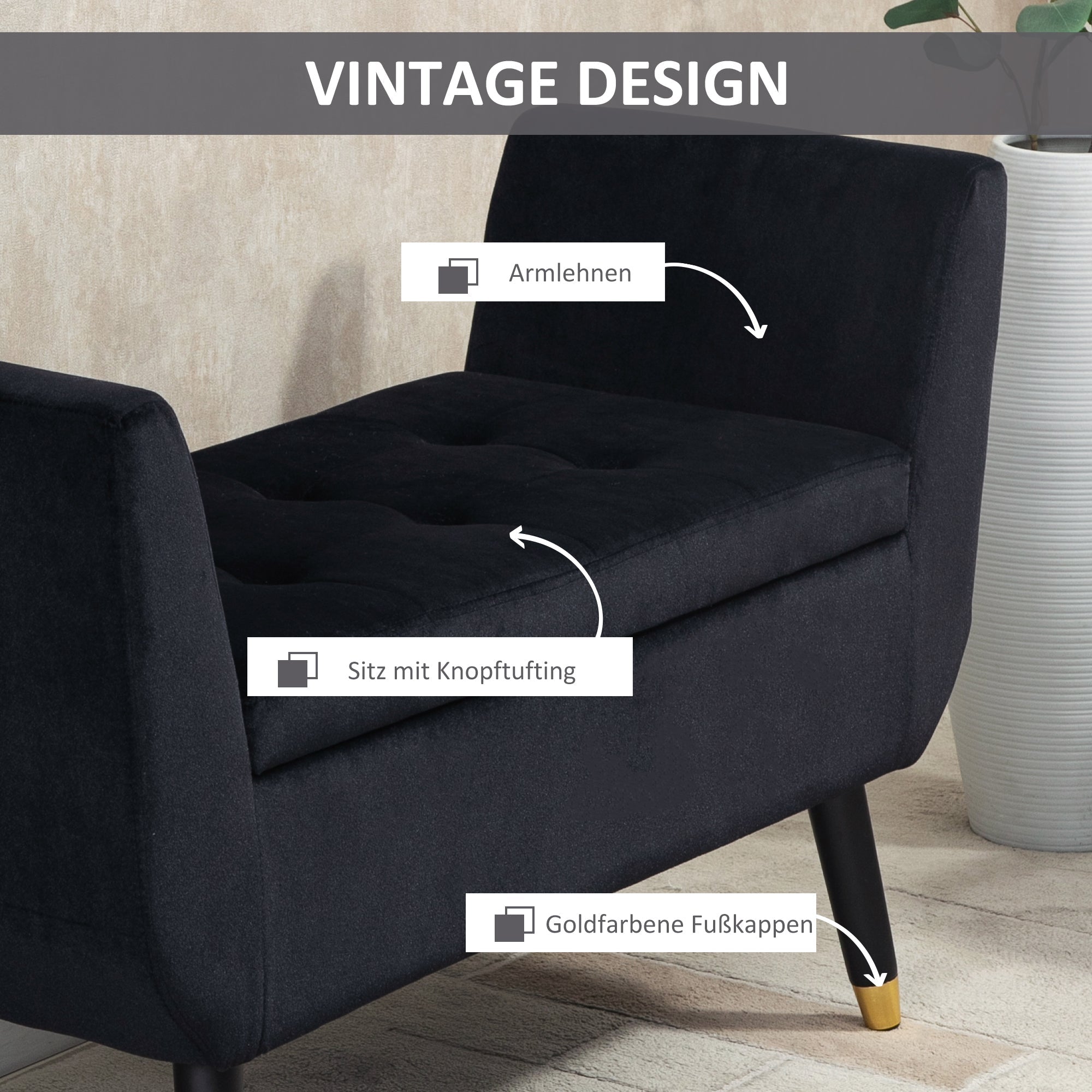 Logidon luxe bank met opbergruimte fluweel zwart 107x42x65 cm