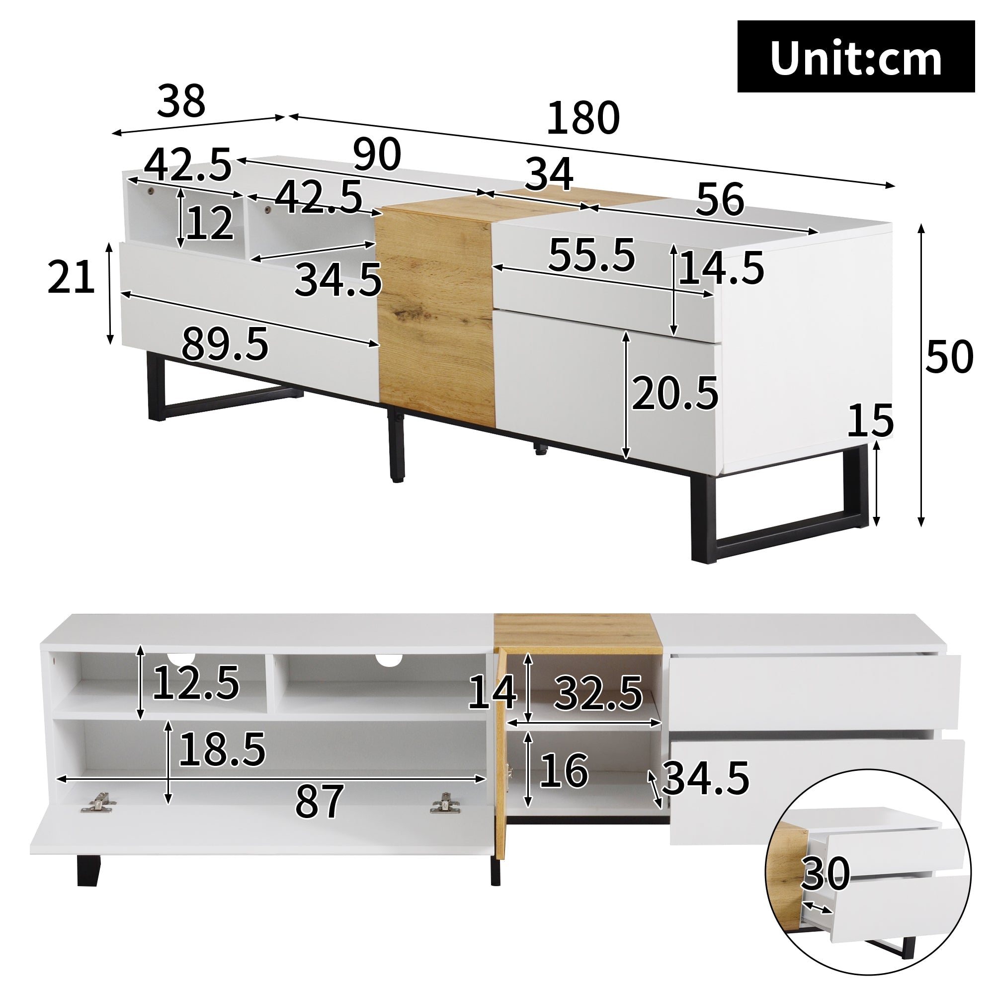 Logidon Modern TV-meubel wit houtlook 180x50x38 cm
