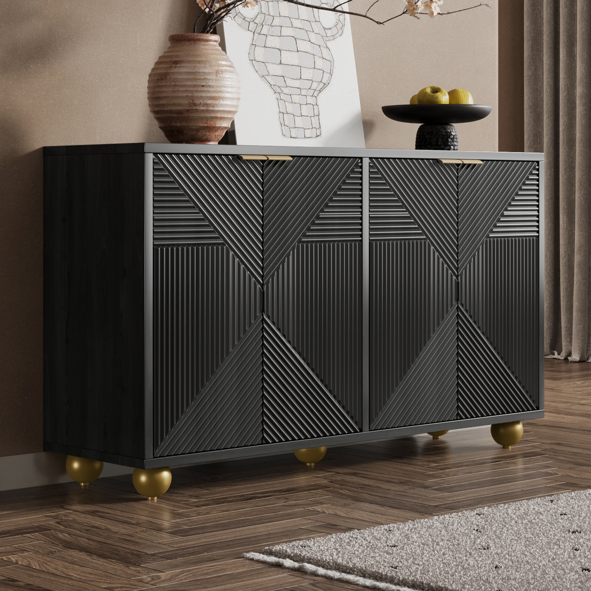 Logidon Dressoir 120 cm Zwart met Vier Deuren en Gouden Handgrepen