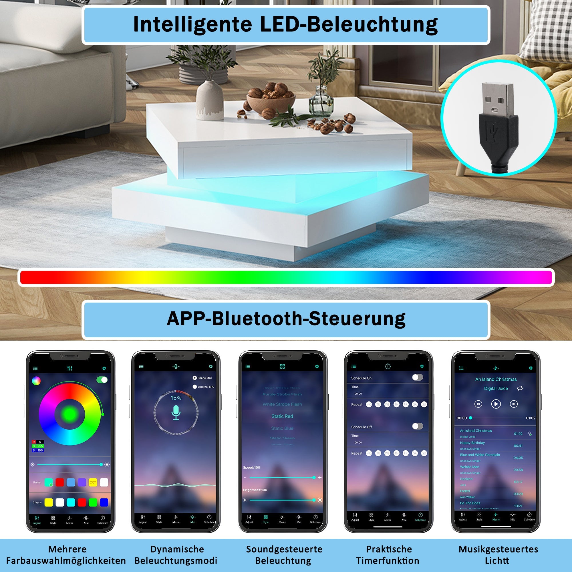 Logidon Vierkante Salontafel Wit LED Verlichting Bluetooth 70x70x36 cm