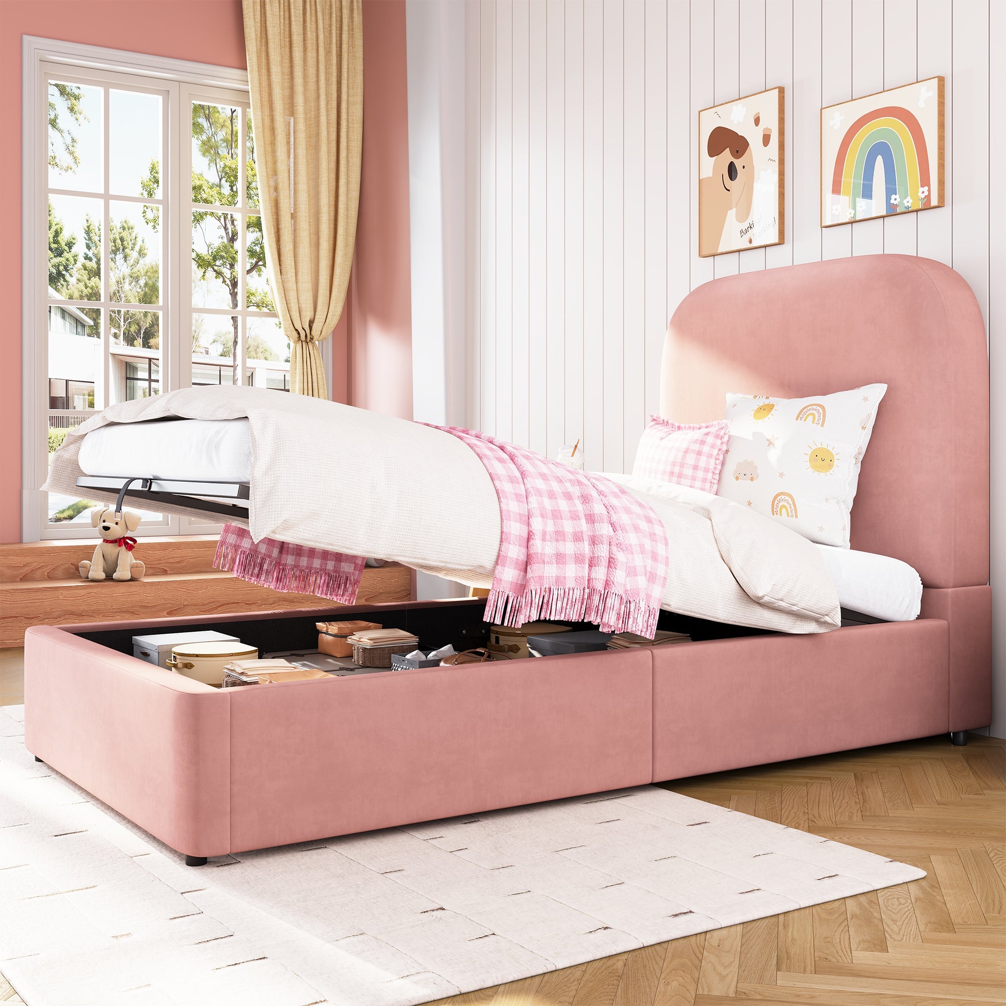 Logidon gestoffeerd bed 90x200 roze hydraulisch met opbergruimte fluweel