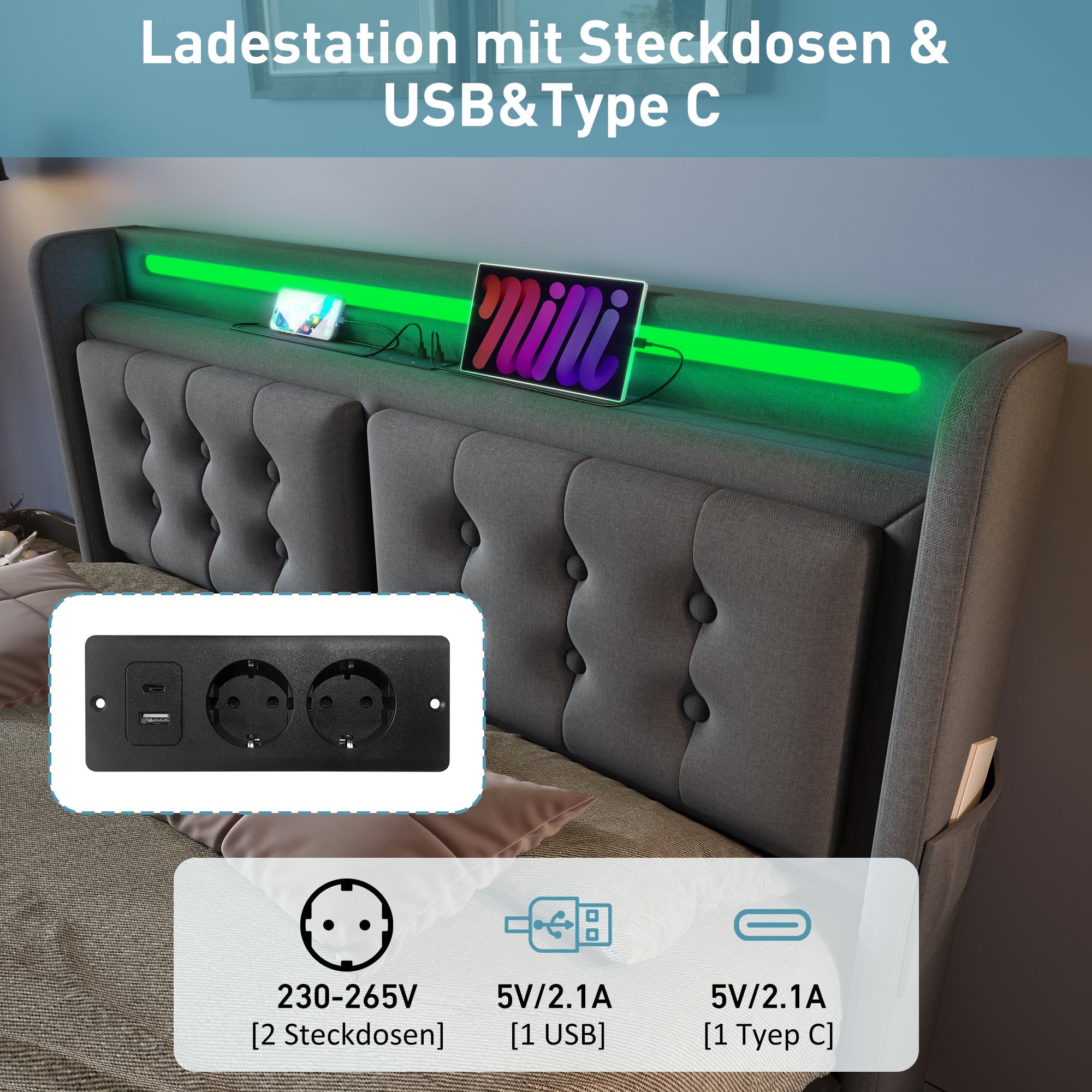 Logidon upholstered bed 160x200 gray LED headboard USB-C 4 drawers