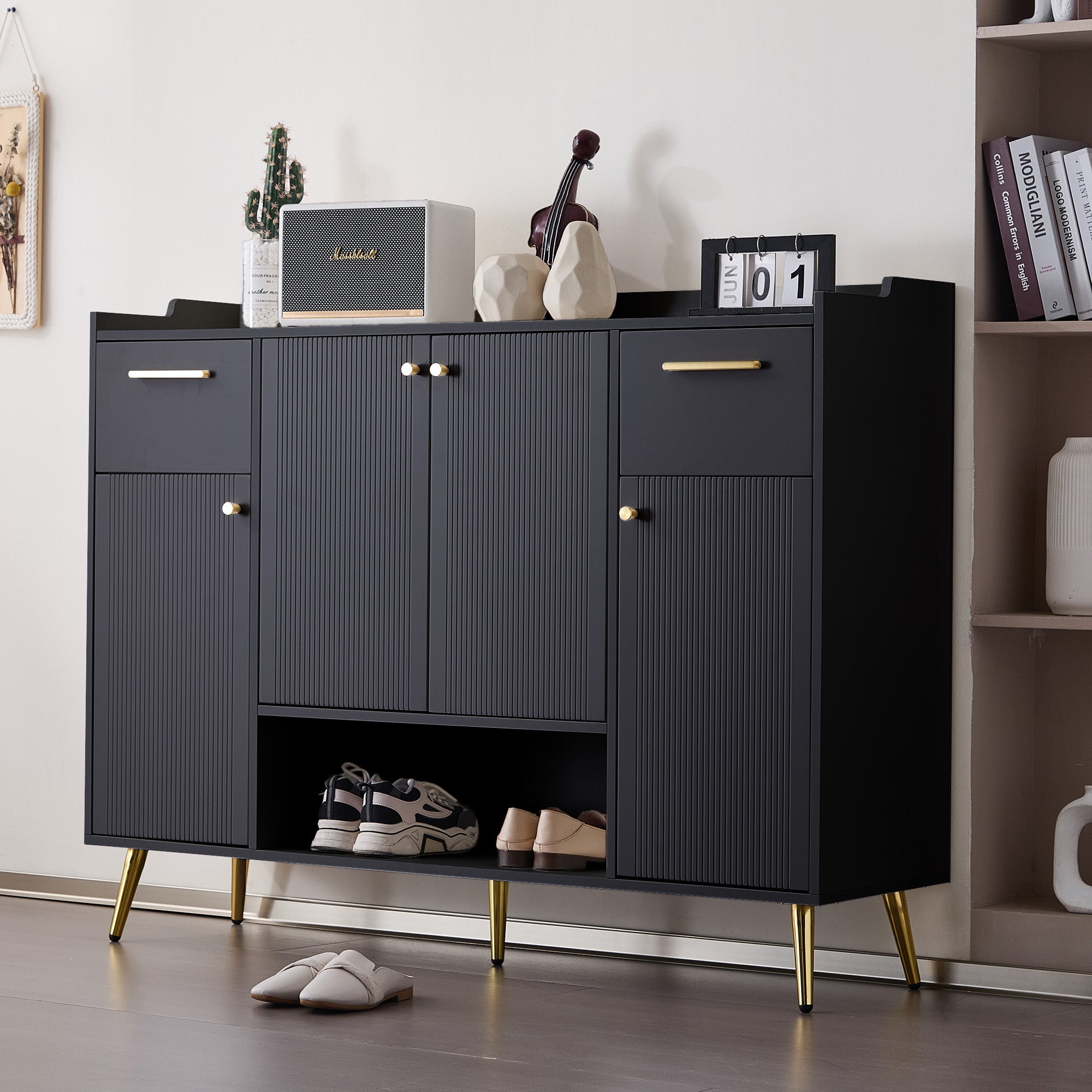 Logidon shoe cabinet black with 2 drawers and 4 doors metal feet