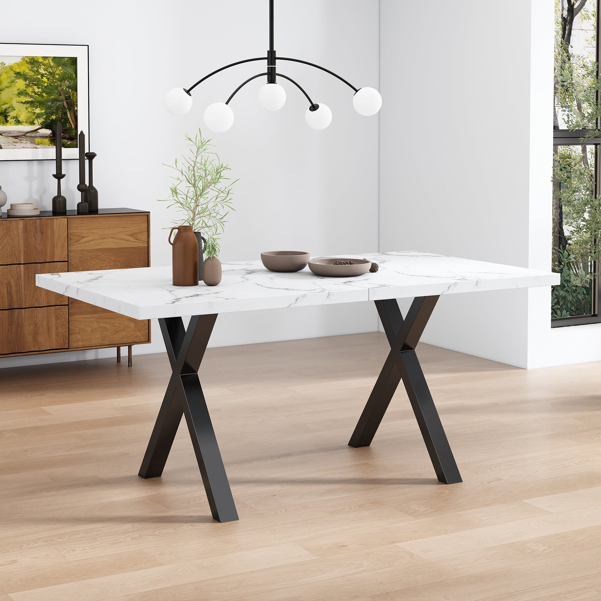 Logidon eettafel kruispoten marmerlook zwart wit 140x80x76 cm