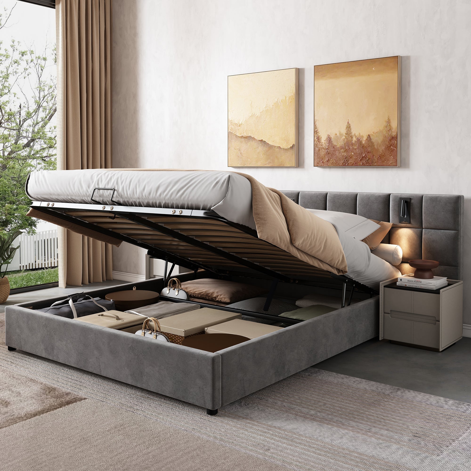 Logidon upholstered bed 160x200 cm gray velvet with storage space reading lamp USB