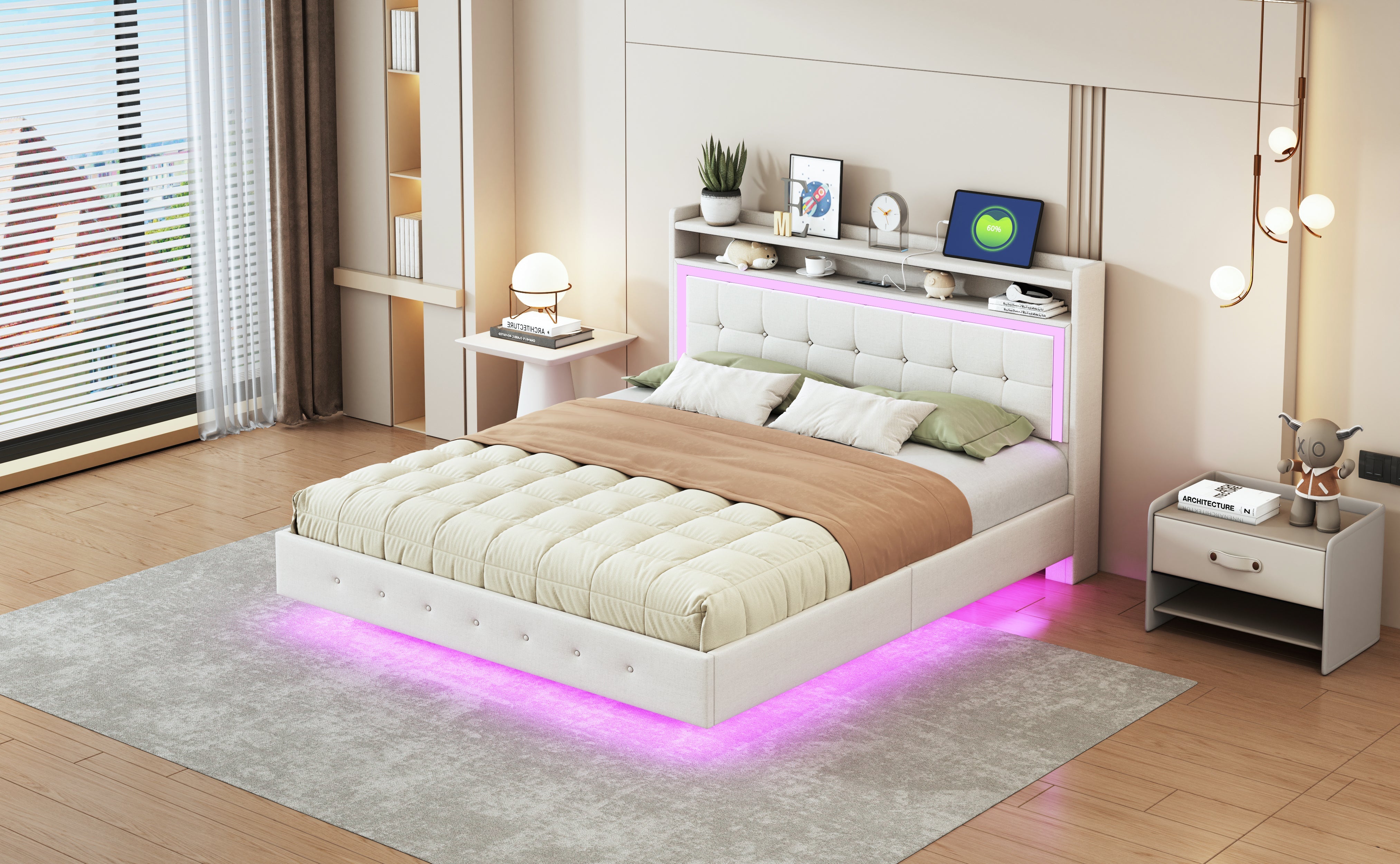 Logidon gestoffeerd bed 160x200 beige met USB-aansluiting en LED-verlichting
