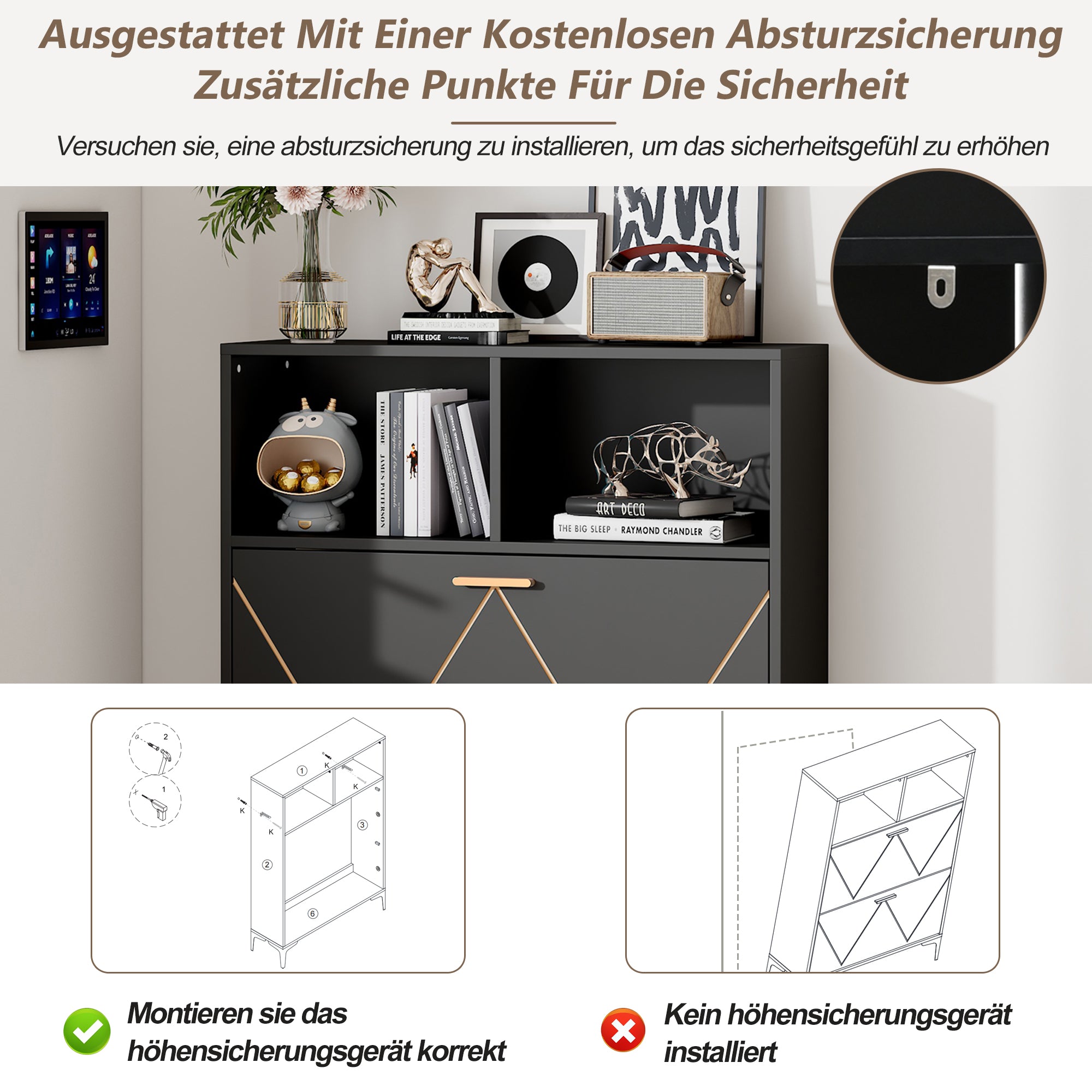 Logidon shoe cabinet 80x25x117 cm black with folding doors and four shoe shelves