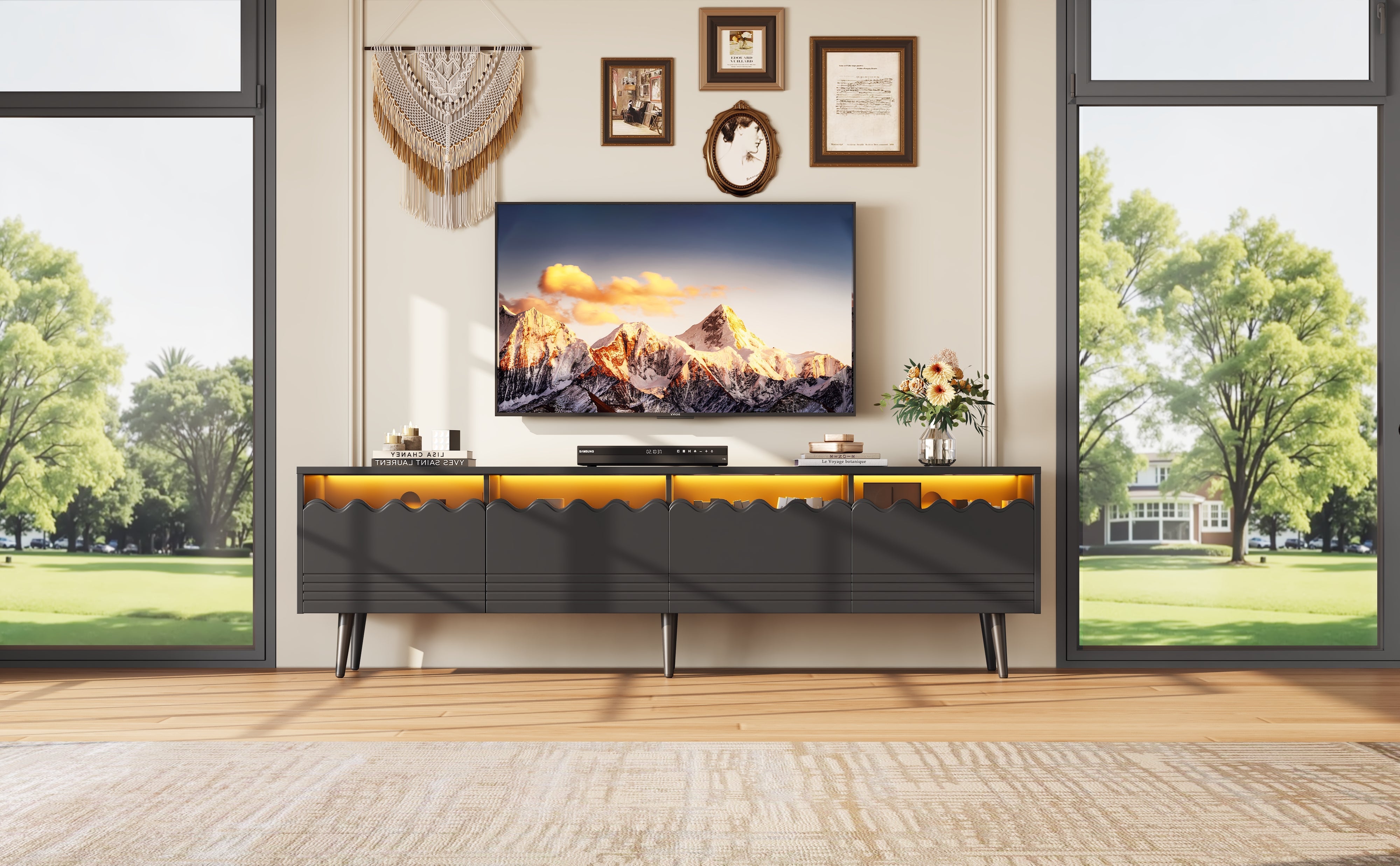 Logidon 176x38x45 cm zwart TV-lowboard met LED-verlichting