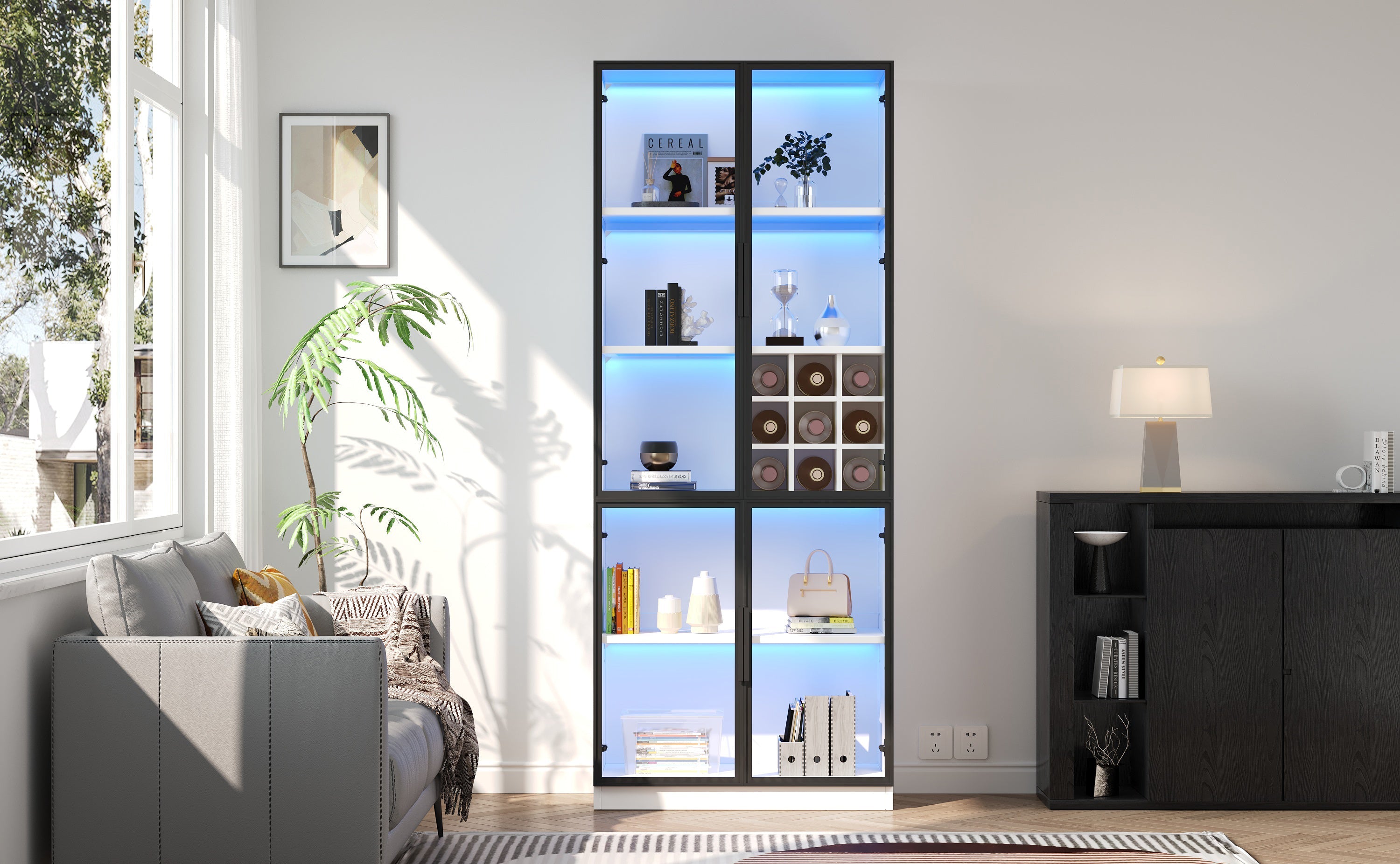 Logidon showcase 80x35x200 white glass doors LED lighting wine rack
