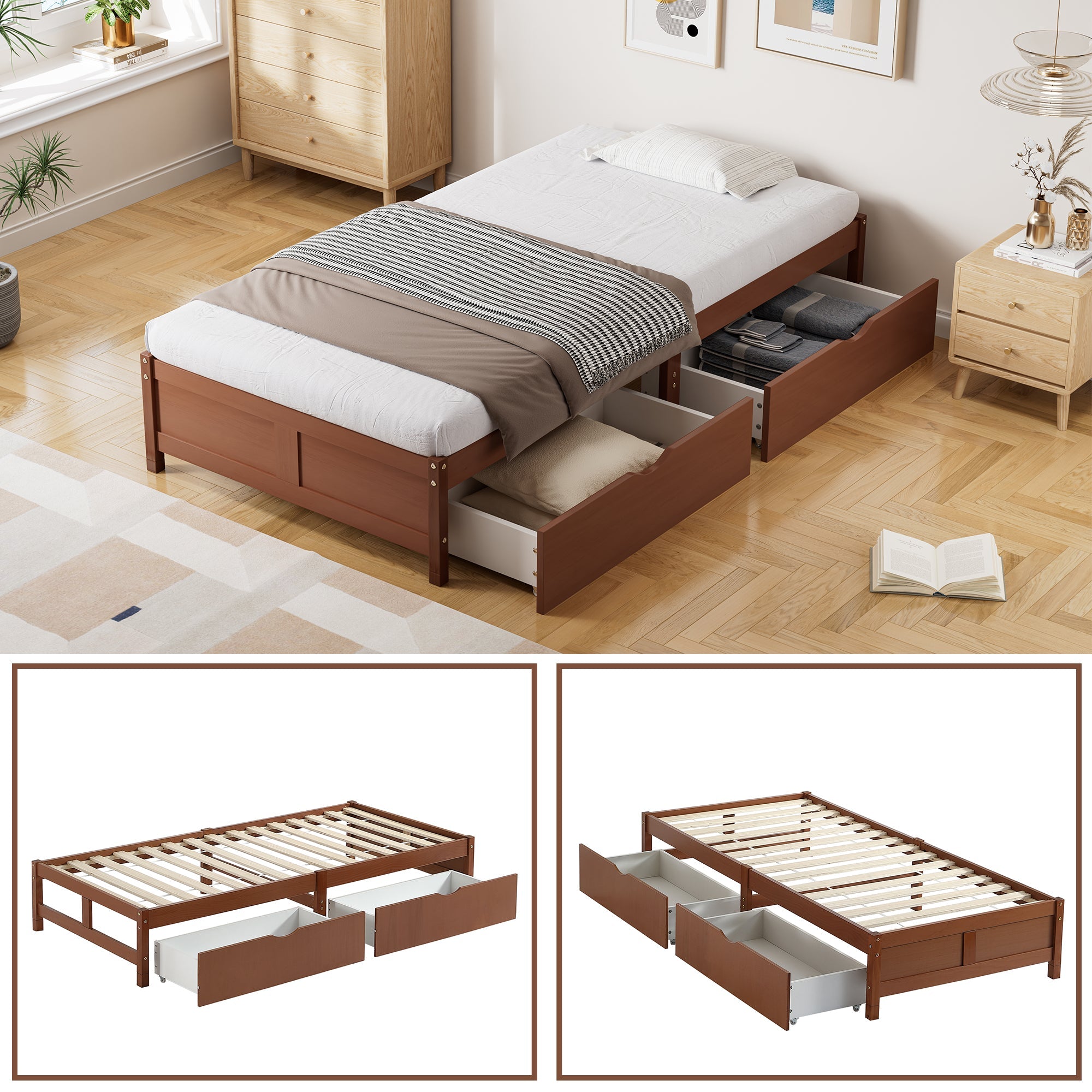 Logidon kinderbed 90x200 roodbruin houten bed met 2 lades en wielen