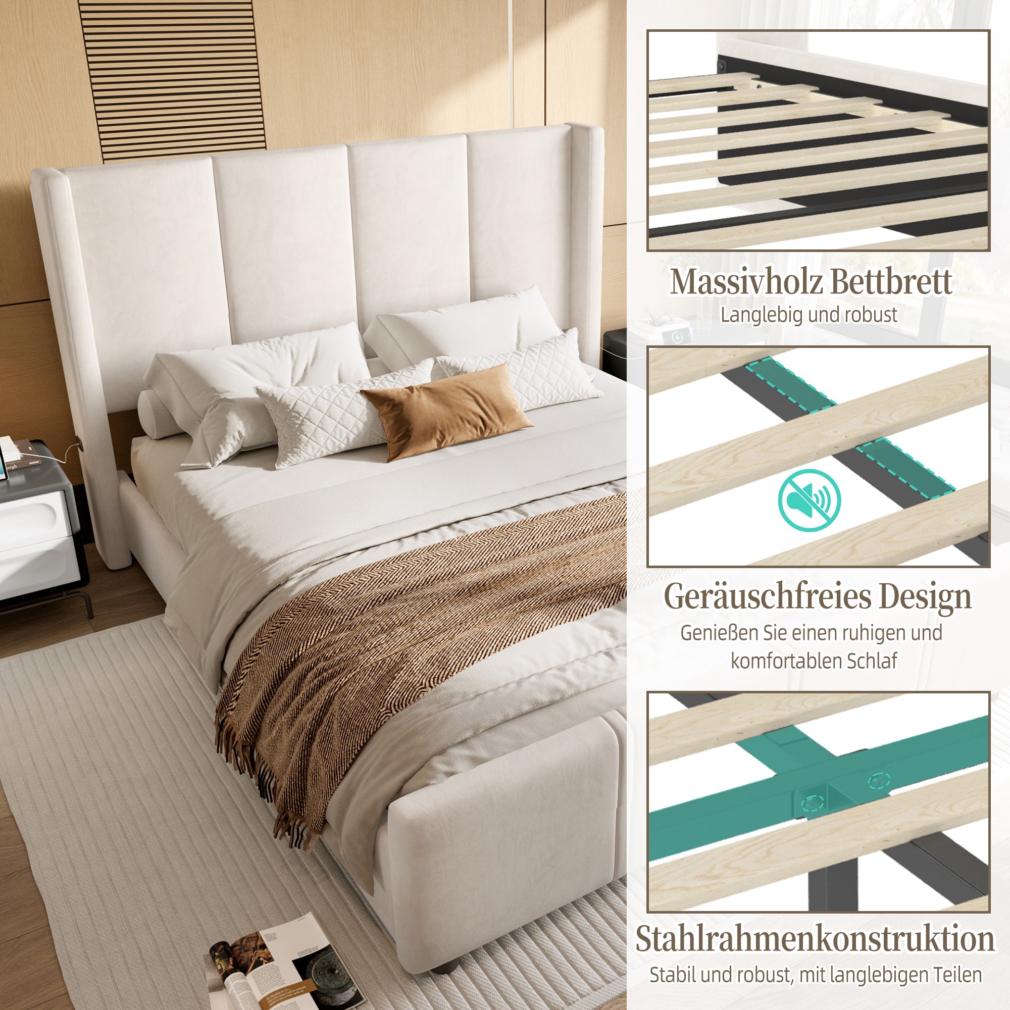 Logidon stoffen bedframe 140x190 beige velours USB-aansluiting