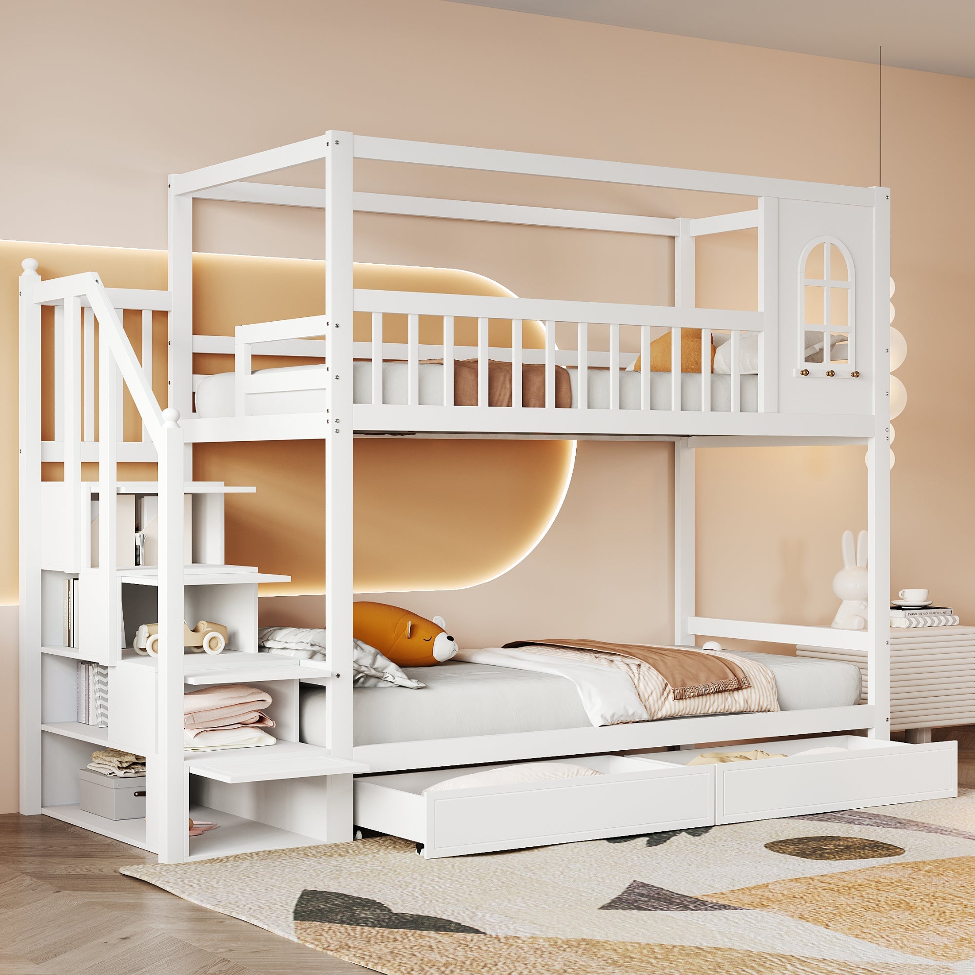 Logidon stapelbed 90x200 cm wit massief houten huisvorm met lades
