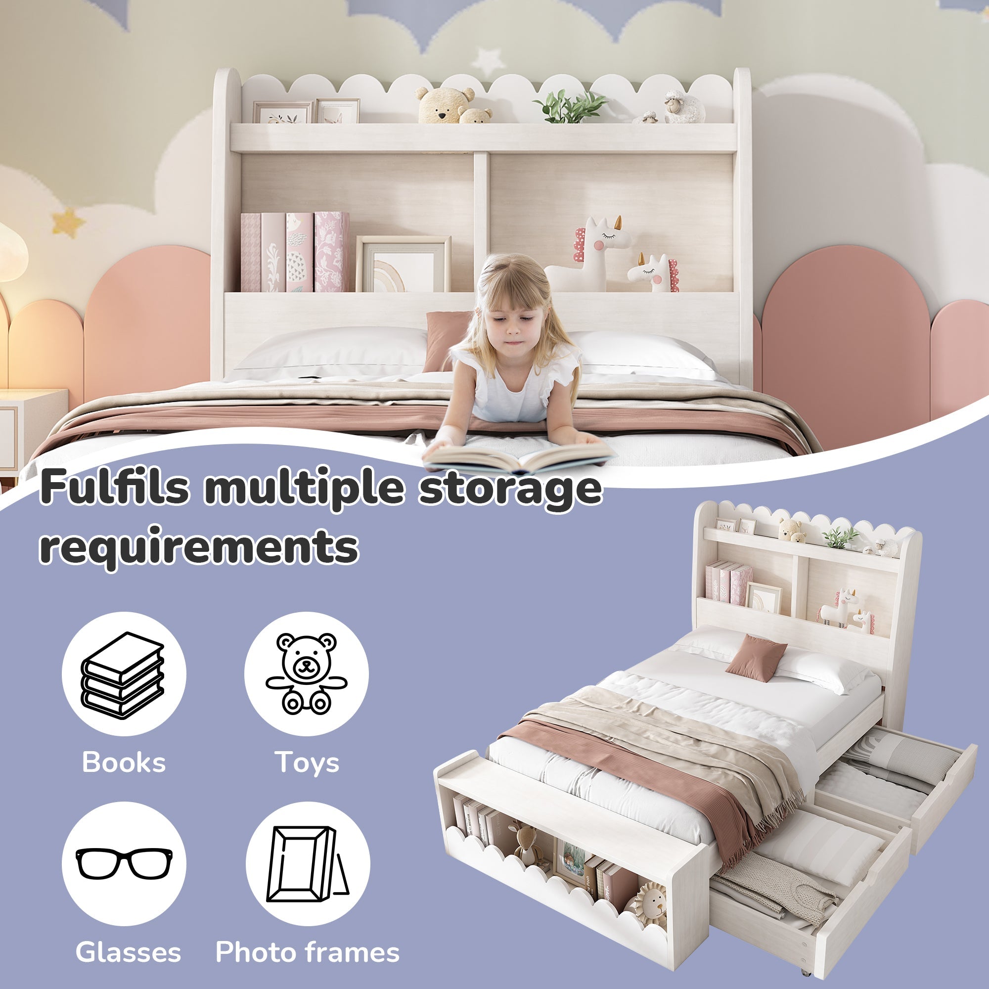 Logidon kinderbed 90x190 opbergruimte lades plank bank wit eiken