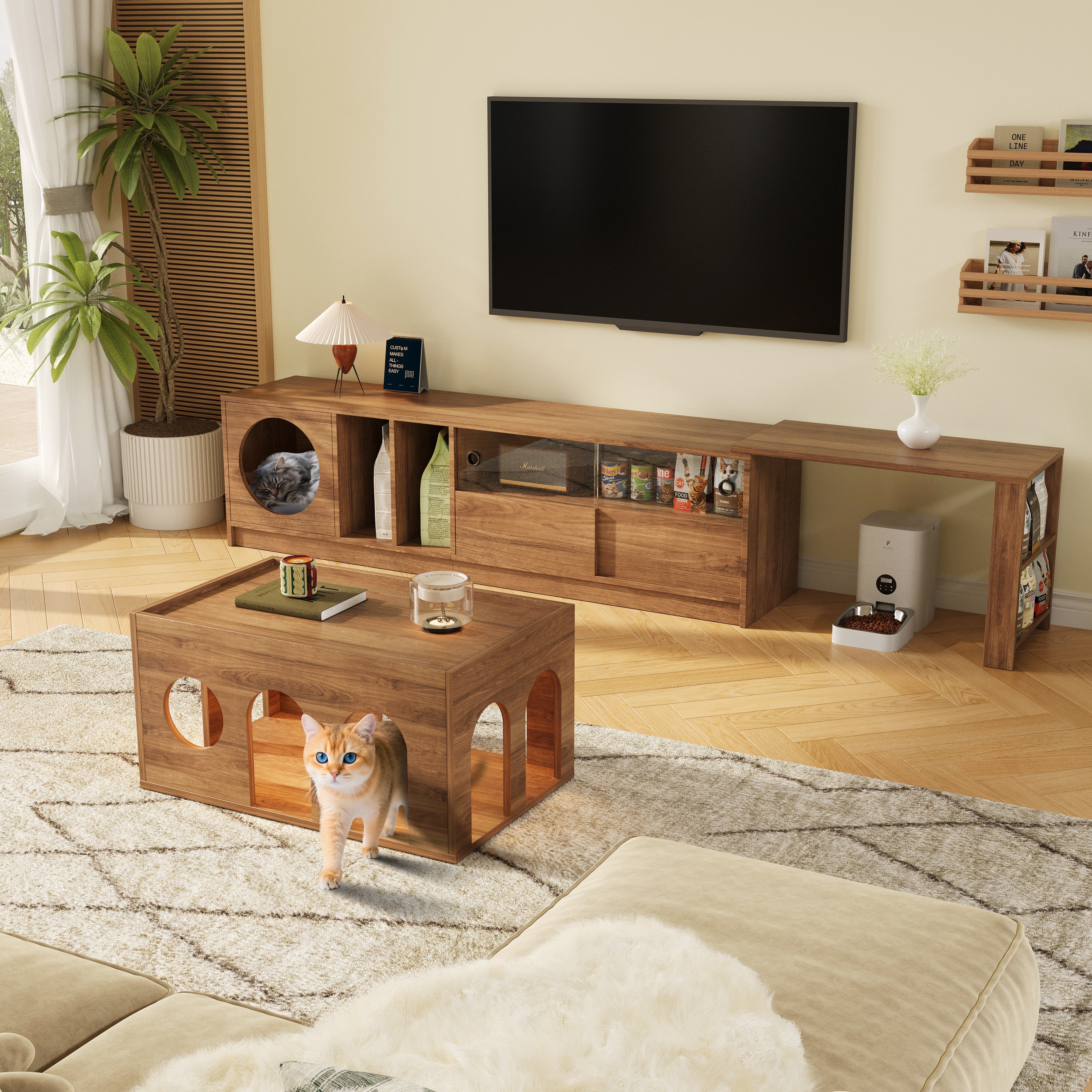 Logidon draaibaar tv-meubel 180-260 cm walnoot uitschuifbare glazen deuren