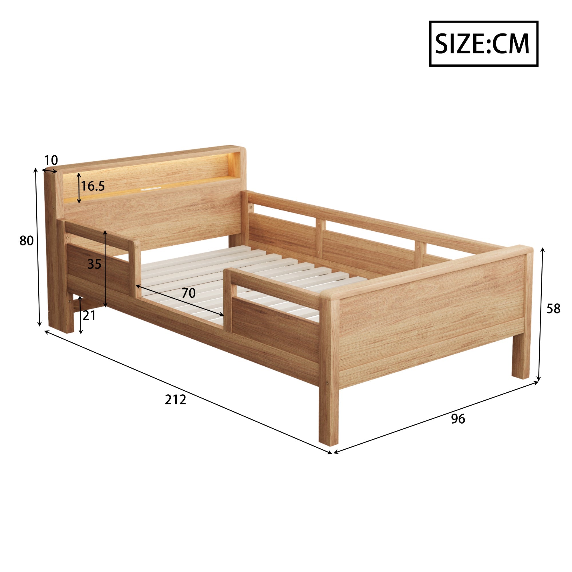 Logidon houten bed 90x200 cm naturel met USB-C stopcontact en LED