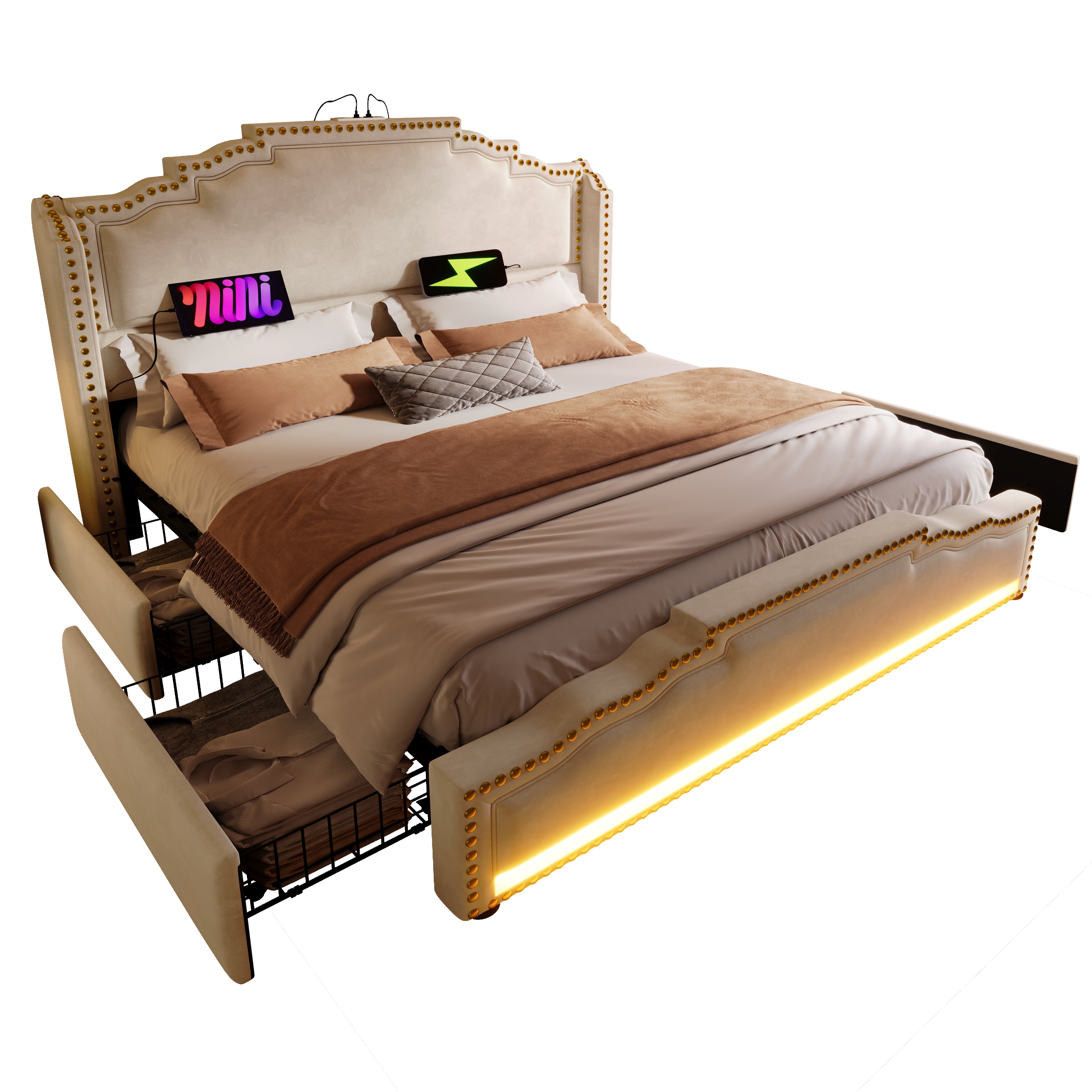 Logidon gestoffeerd bed 140x200 beige met 4 lades LED USB-C