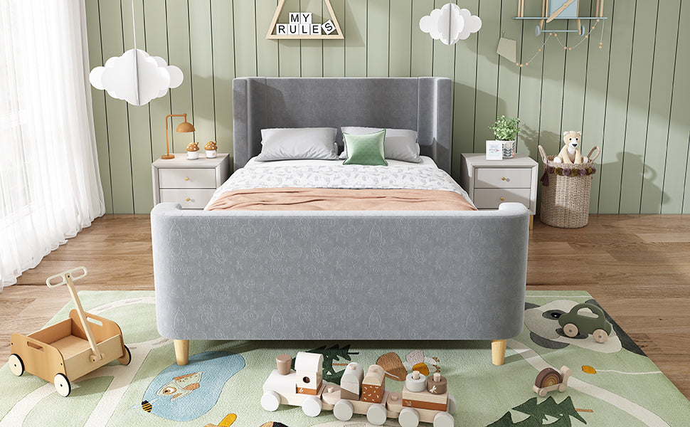 Logidon kinderbed gestoffeerd bed 90x200 grijs fluweel kosmisch patroon
