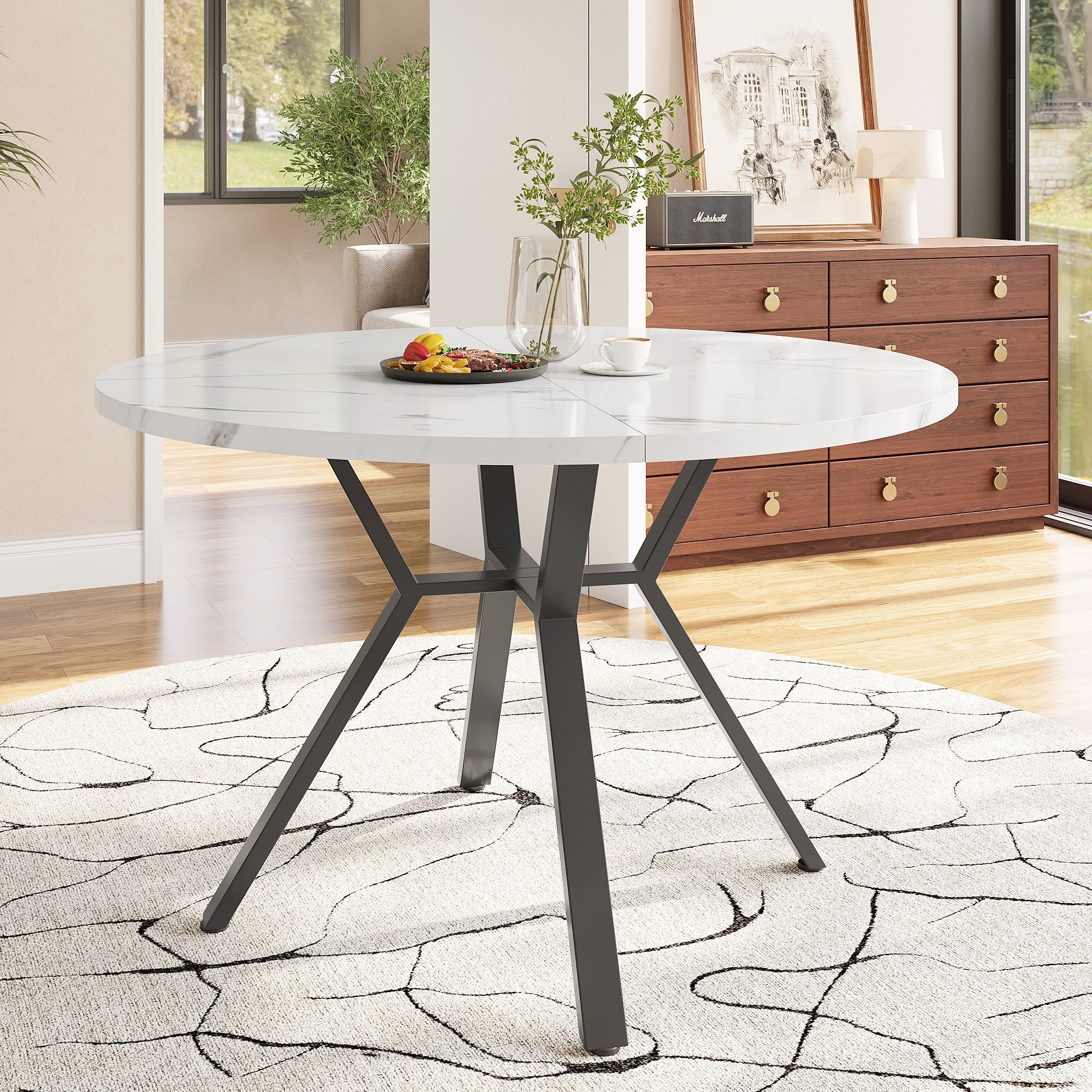 Logidon ronde eettafel marmerlook 100 cm wit MDF X-onderstel