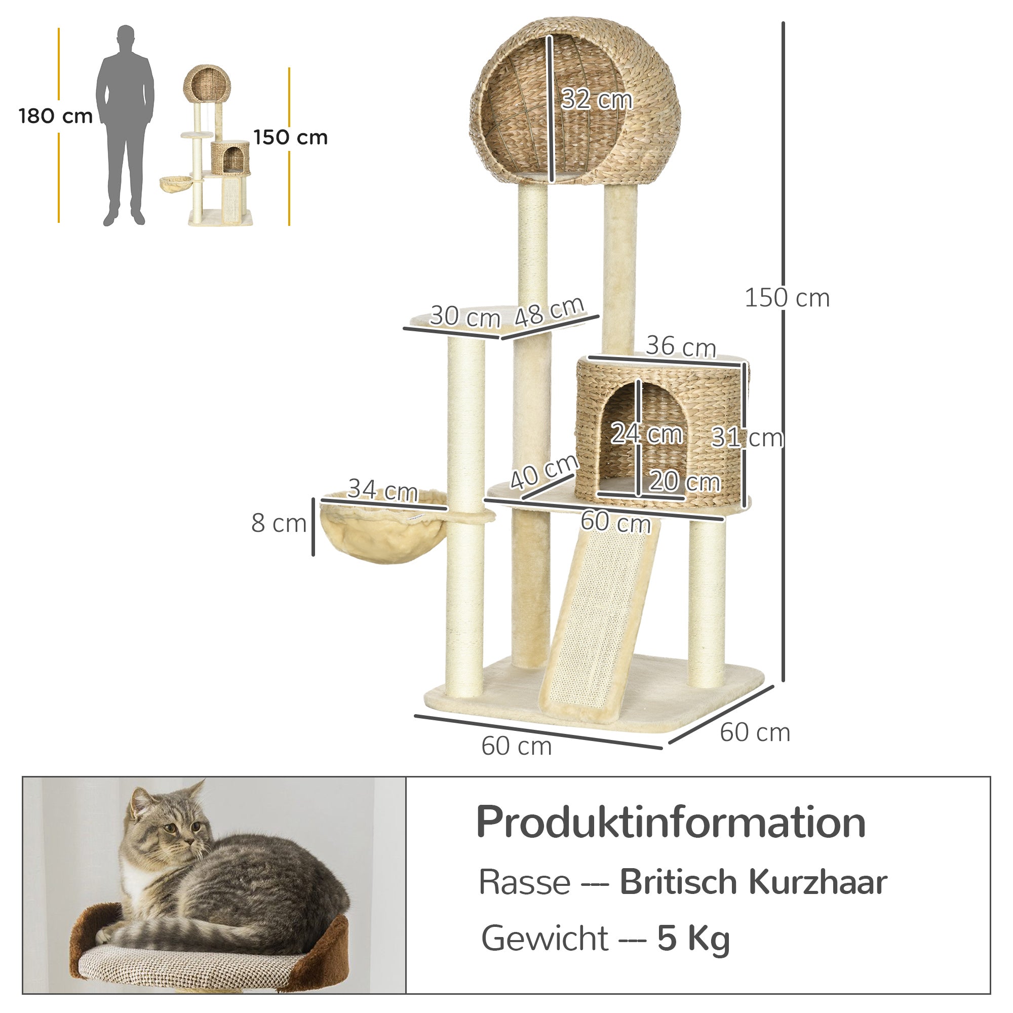 Logidon Krabpaal Kattenhuis van Rotan Beige 60x60x150 cm