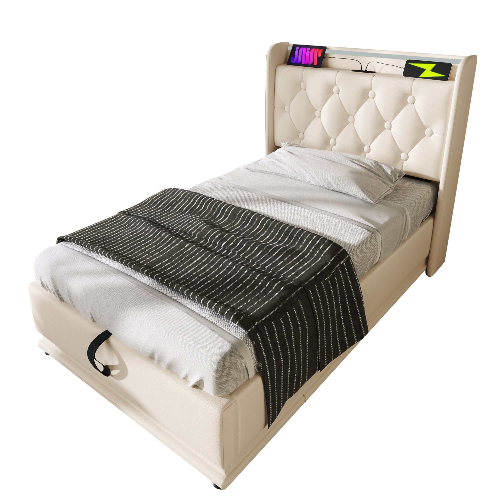 Logidon gestoffeerd bed eenpersoons 90x200 cm wit PU 360 SurroundLED USB C oplaadfunctie