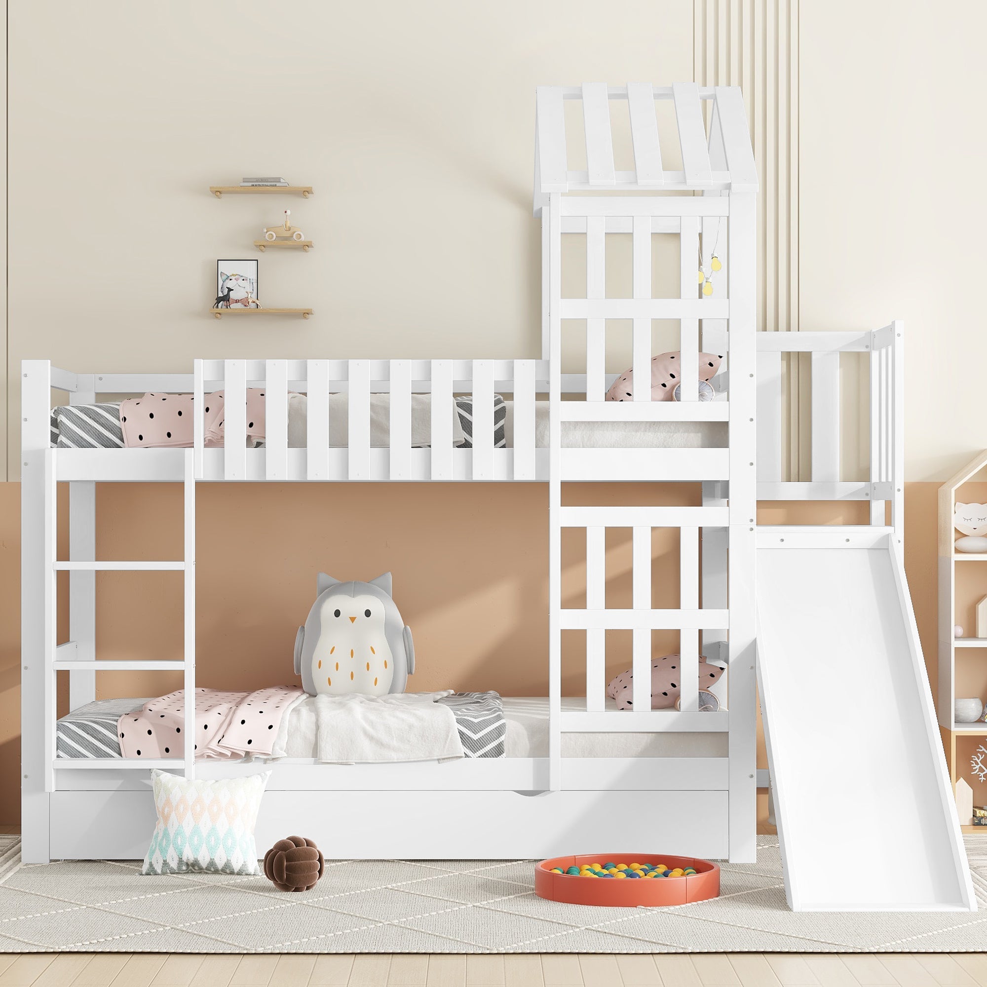 Logidon stapelbed met glijbaan en grote lade 90x200 wit